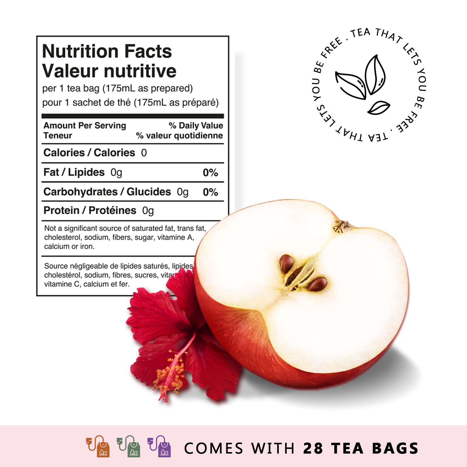 Organic Hibiscus & Apple Herbal Tea Bags - Caffeine Free, Natural Fruit Blend for Hot or Iced Tea - 28 Count Pack - Perfect for Relaxation, Detox & Fall Beverages
