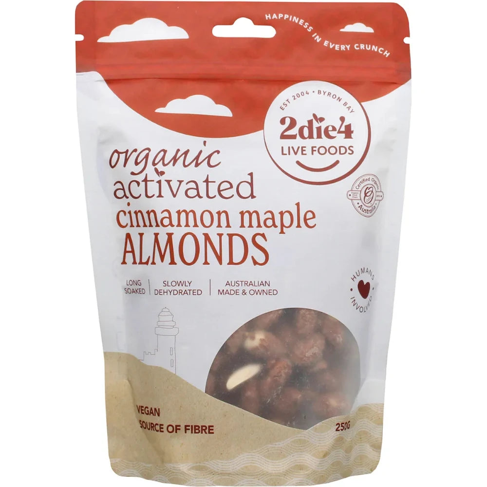 Organic Activated Almonds with Cinnamon & Maple Flavor - 250g (8.8oz) | 2DIE4 LIVE FOODS | Healthy Snack for Hiking, Office & Keto Diet