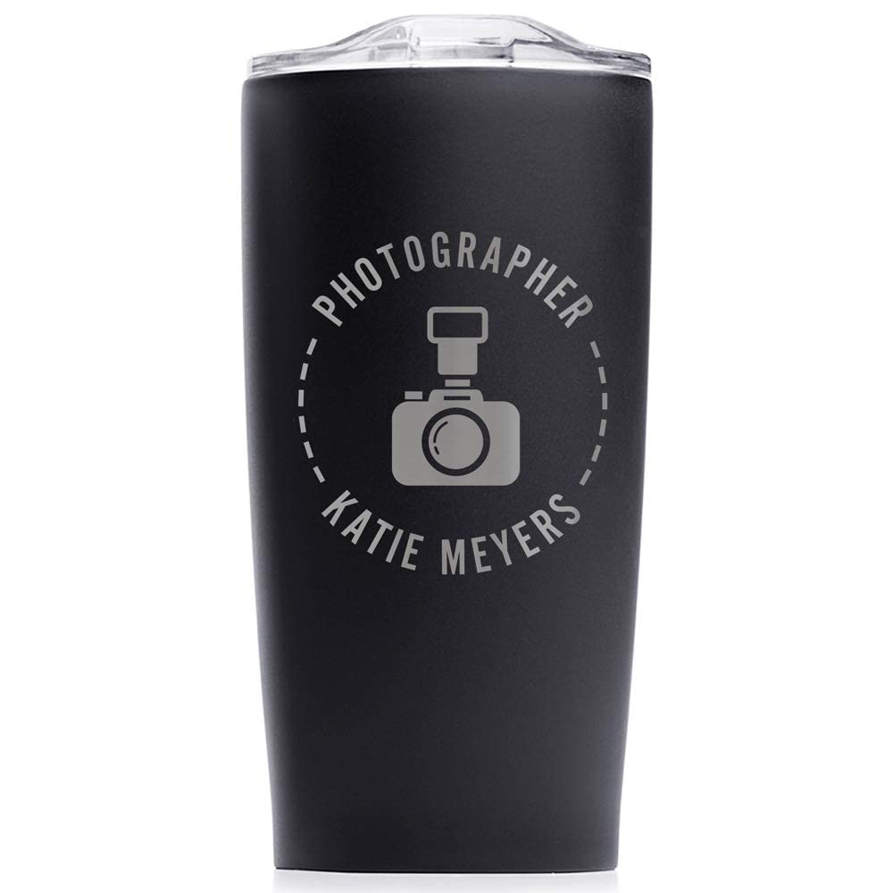 Personalized Engraved 20 oz Black Photographer Tumbler with Lid - Custom Coffee Travel Mug for Wedding Photographers, Photojournalists & Photography Lovers - Perfect Gift for Family & Friends - Ideal for Coffee, Tea & Cold Drinks at Work, Studio or Outdoor Shoots