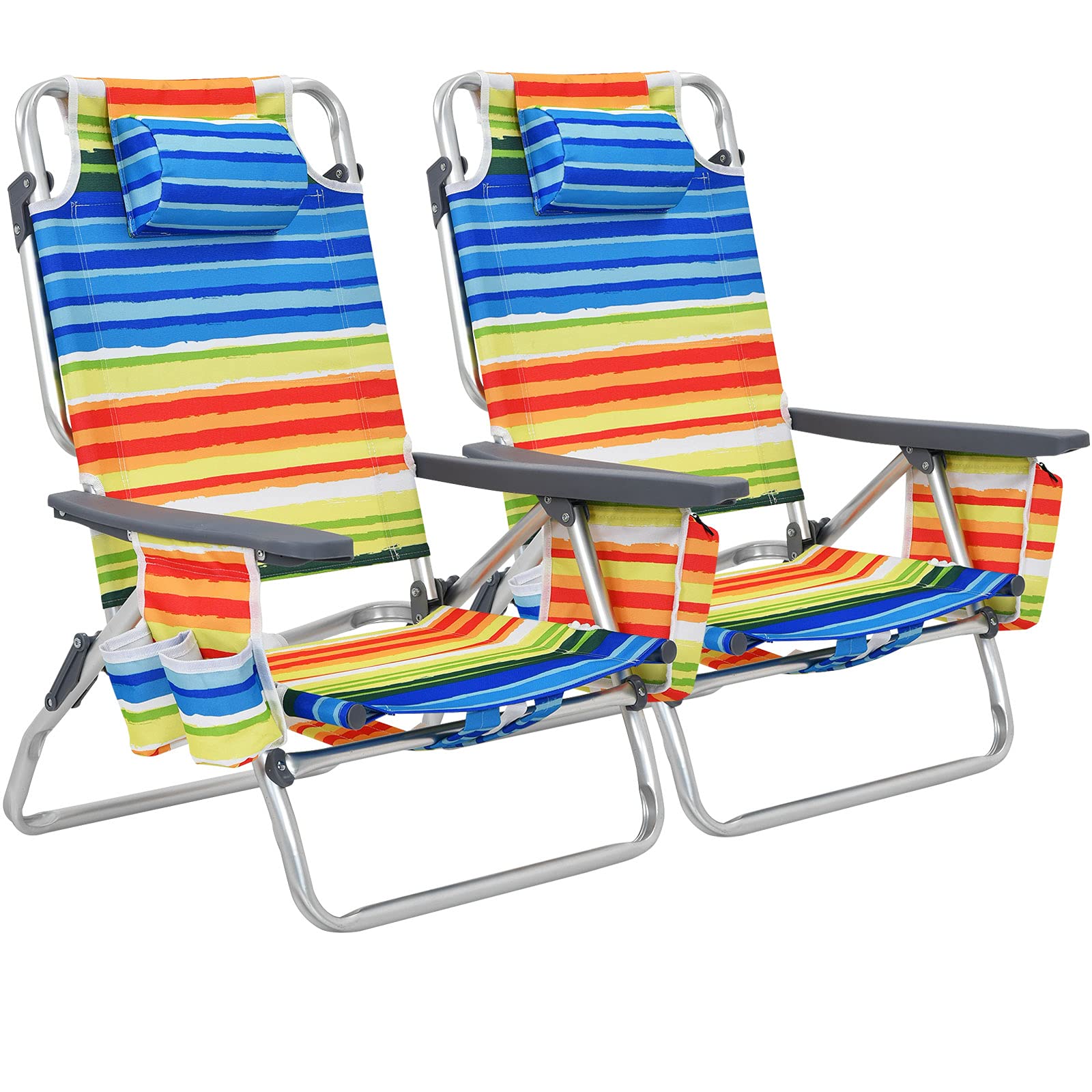 GYMAX 2-Pack Portable Backpack Beach Chairs with Cooler Bag, Cup Holder & Pockets - Lightweight Folding Camping Chairs for Outdoor, Picnic, Travel, Beach Sunbathing & Backyard Relaxation (Yellow Strip)