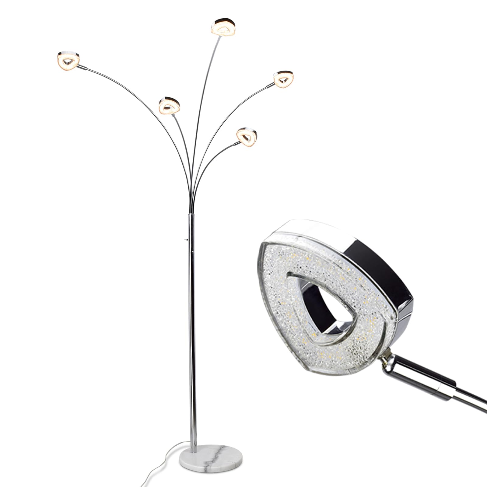 DINGLILIGHTING DLLT 5-Head Adjustable Arc Floor Lamp - Modern Spider Design with 5 Flexible Arms, 3 Brightness Levels (Warm White) - Silver Standing Tree Lamp for Living Room, Bedroom & Office - Perfect for Reading, Working and Ambient Lighting