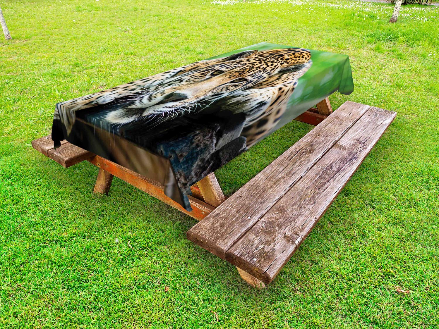 Ambesonne Waterproof Jungle Tablecloth 58x84 Inch - South American Jaguar Wild Animal Print, Washable Picnic Table Cover for Outdoor Dining, BBQ, Camping & Parties (Orange Black Green Design)