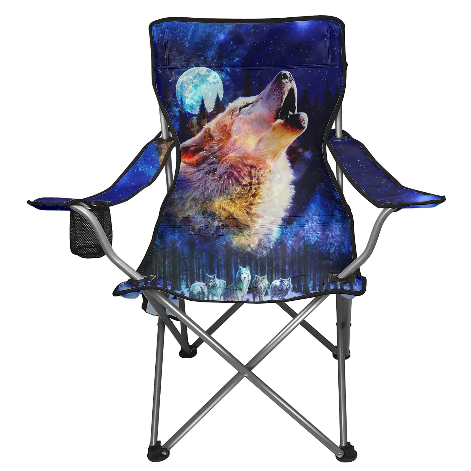 Frestree Oversized Moonlight Wolf Beach Chair with Phone Holder, Tissue Pocket & Storage Bag - Portable Armchair for Camping, Backyard, Beach & Outdoor Relaxation