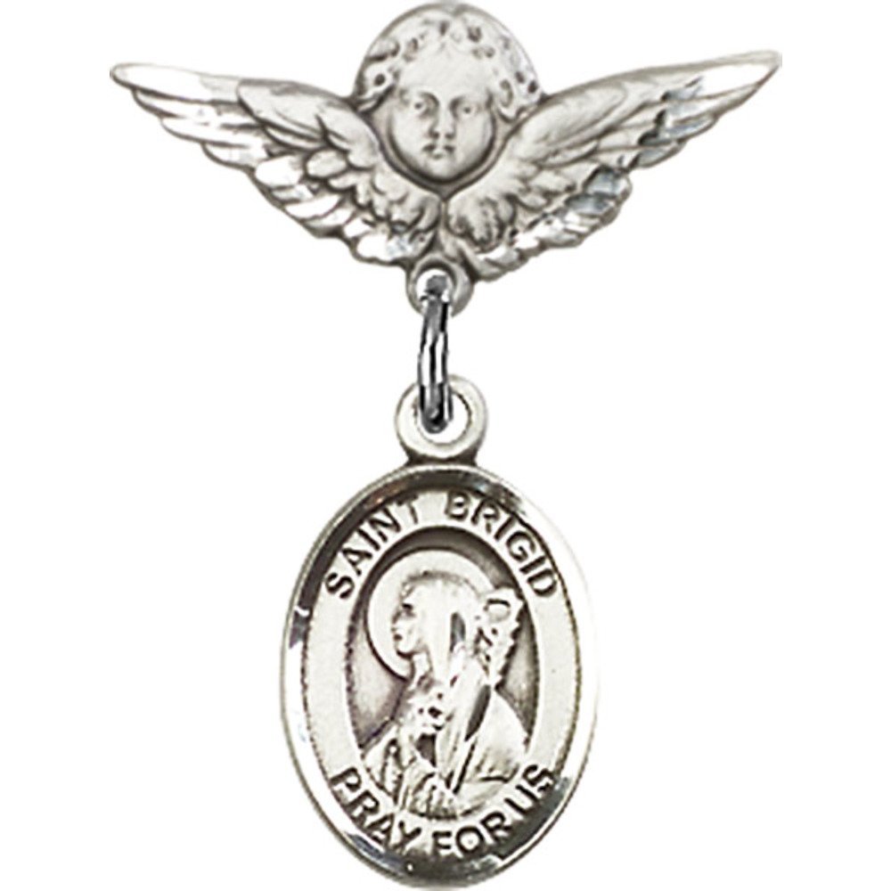 St. Brigid of Ireland Sterling Silver Baby Badge with Angel Wing Charm - 7/8 X 3/4 Inch Religious Jewelry Pin for Christening, Baptism & First Communion Gifts