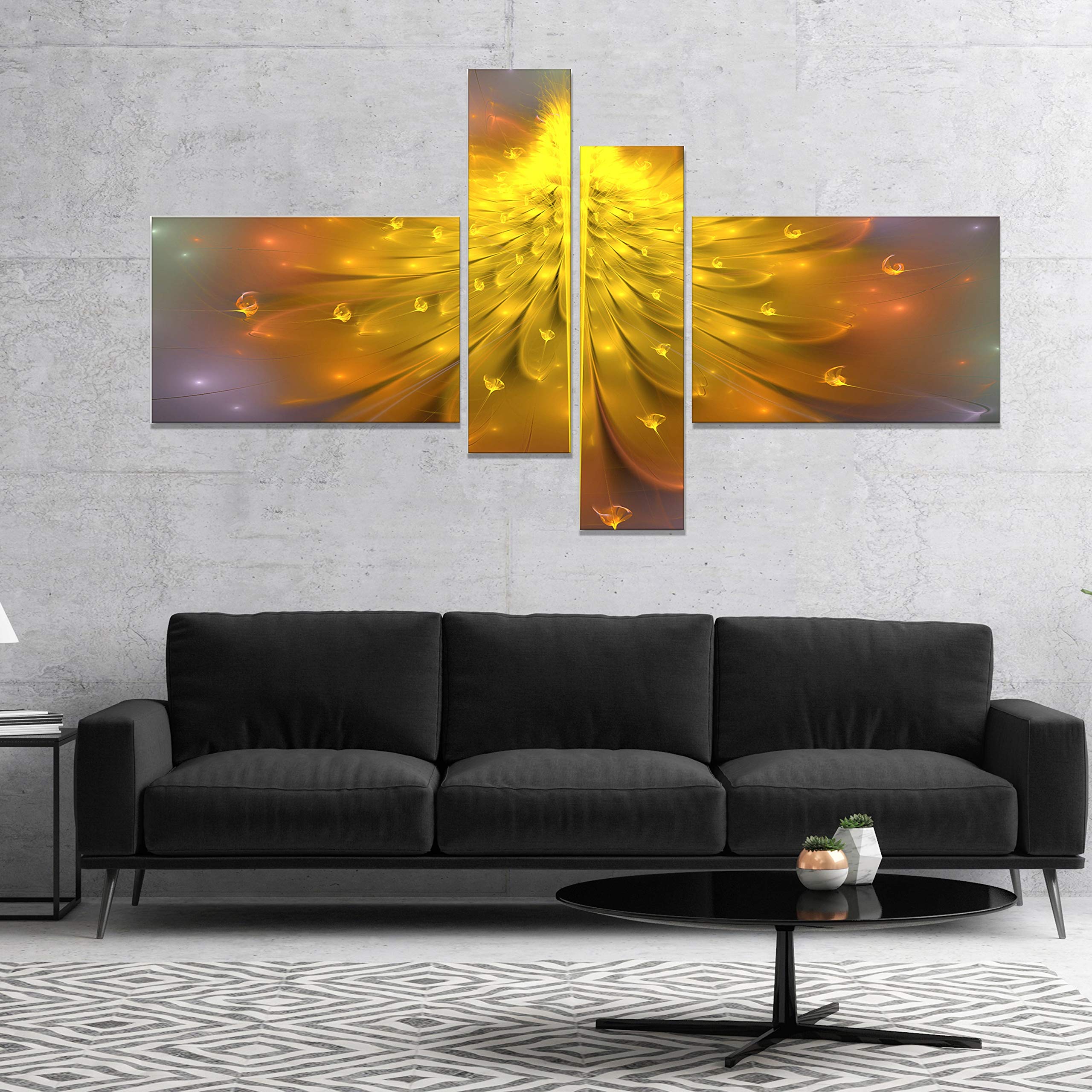 DESIGN ART 'Yellow Fractal Flower with Pink' Floral Canvas Wall Art Print - 60x32 Inch 5-Panel Modern Home Decor - Perfect for Living Room, Bedroom & Office Decorations