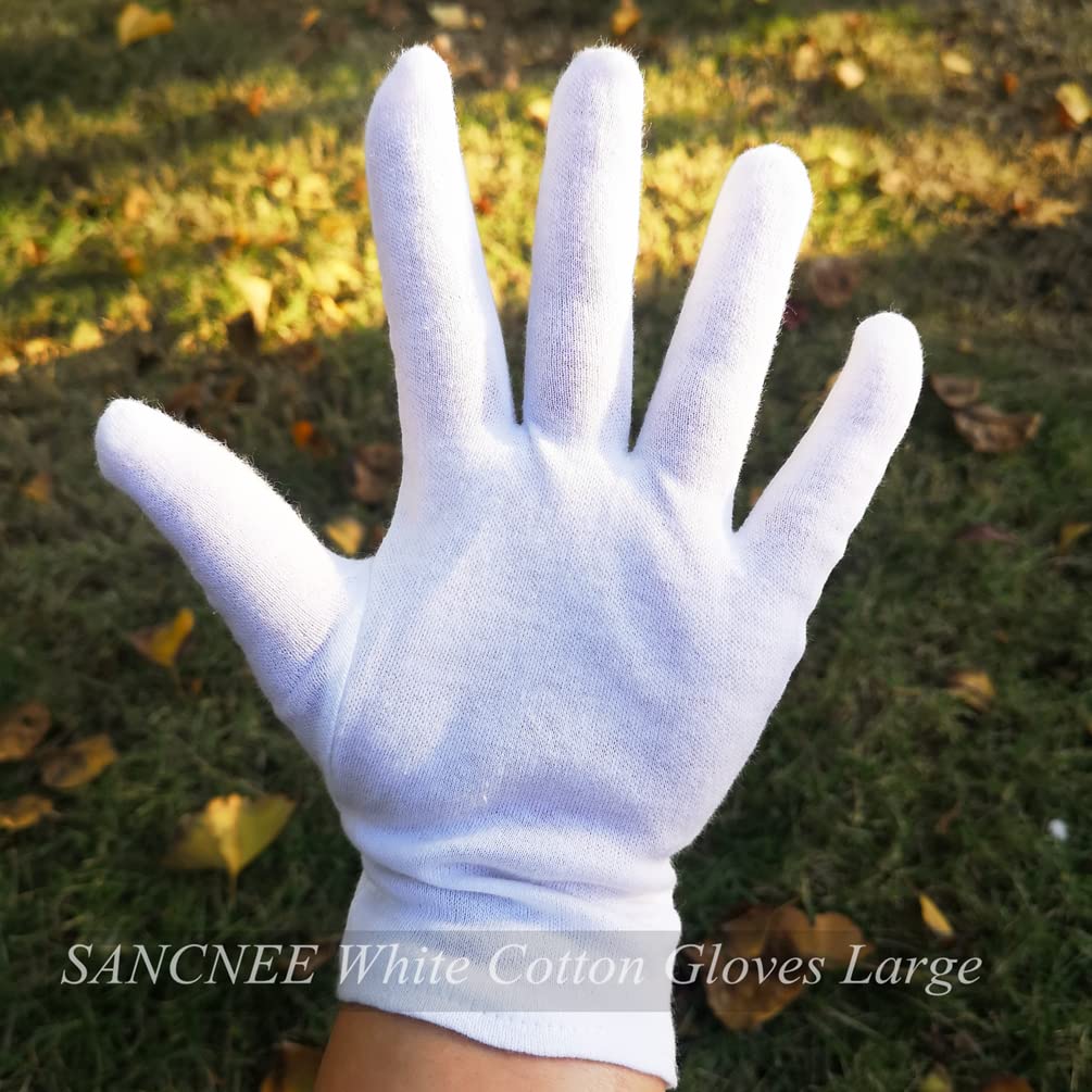 SANCNEE 12 Pairs White Cotton Gloves for Men - Large Size Moisturizing Overnight Gloves for Eczema & Dry Skin Care - Perfect for Nighttime Hand Treatment & Spa Relaxation