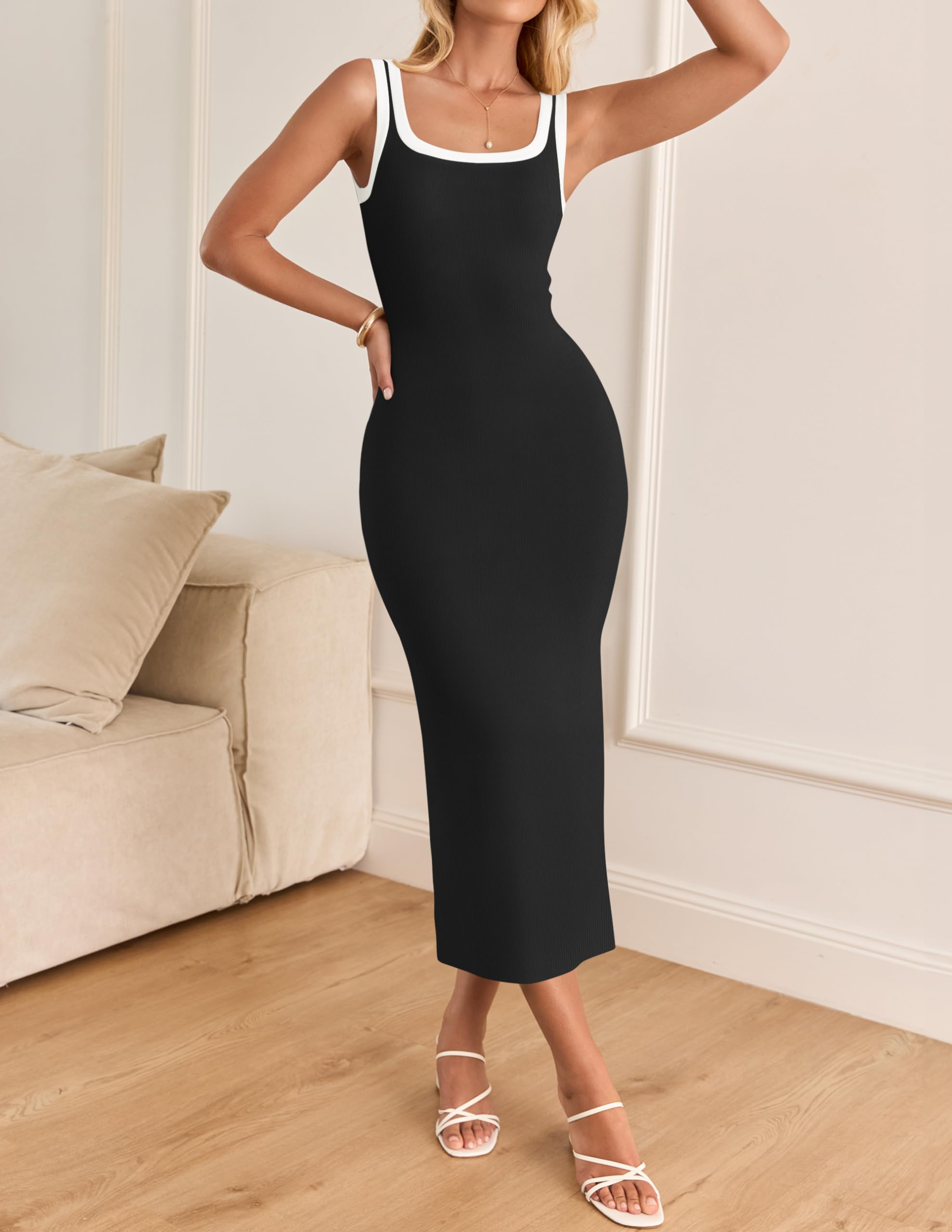 ZESICA Women's 2025 Summer Bodycon Midi Dress - Casual Sleeveless Square Neck Side Slit Knit Long Dress for Vacation, Beach, Party & Date Night | Flattering Figure-Hugging Design