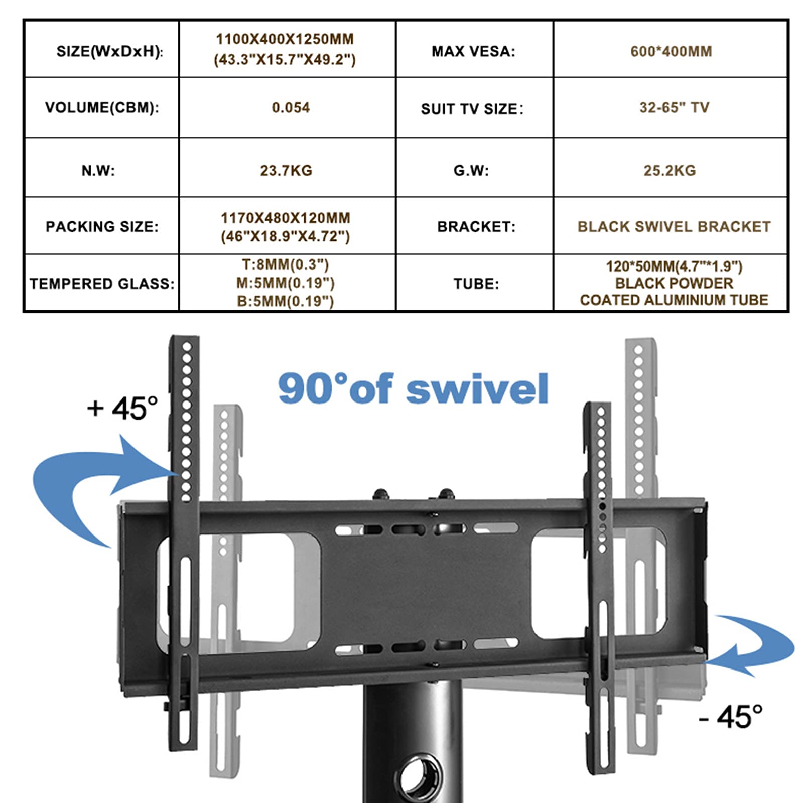 Adjustable Swivel Floor TV Stand for 32-65 Inch TVs - 3-Tier Tempered Glass Media Console with Height Adjustable Bracket - Perfect for Living Room, Bedroom & Home Theater Entertainment Setup