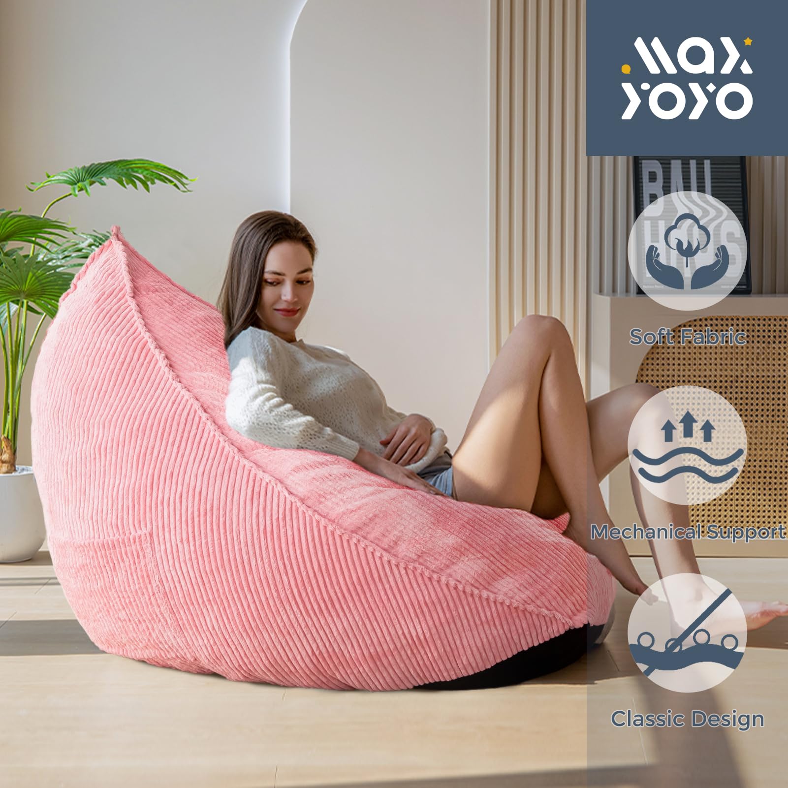 MAXYOYO Corduroy Bean Bag Chair for Adults - Soft & Comfortable Lazy Sofa with Filler, 43x41x35 Inches, Pink - Perfect for Living Room, Bedroom, Game Room & Dorm Relaxation