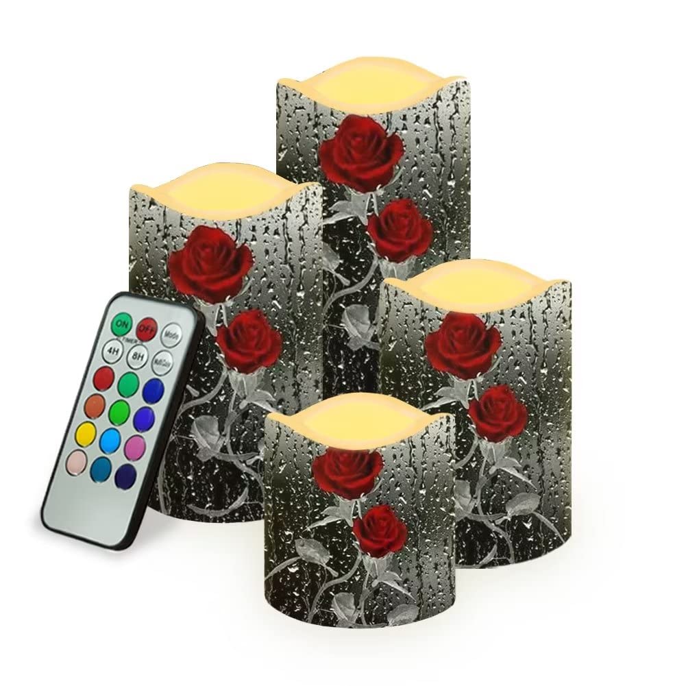 XYZCANDO Flameless LED Candles - Set of 4 Battery Operated Red Rose Rain Pattern Candles with Remote Control for Romantic Ambiance | Perfect for Weddings, Valentine's Day, Halloween, Christmas Decor | Create Cozy Atmosphere in Living Room, Bedroom, or Dining Table