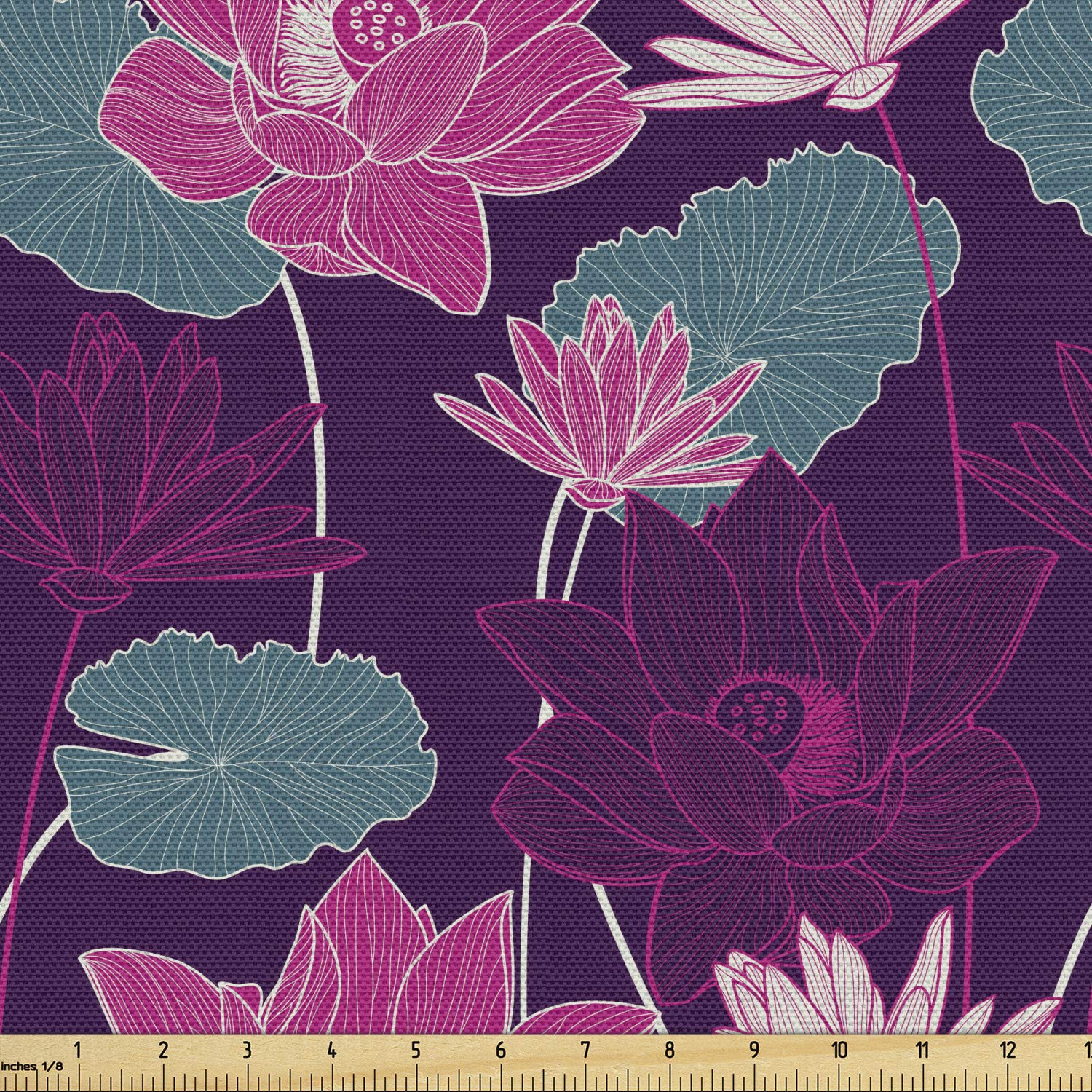Lunarable Lotus Fabric by The Yard - Oriental Floral Japanese Nature Design in Purple Shades for Upholstery, Curtains & Home Decor | Perfect for Sofa Covers, Pillow Cases & DIY Craft Projects