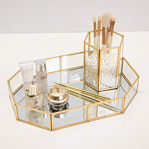 Gold Mirror Vanity Tray - Decorative Glass Makeup & Perfume Organizer for Dresser, Bathroom Countertop - Perfect for Jewelry Display, Home Decor & Gift Giving