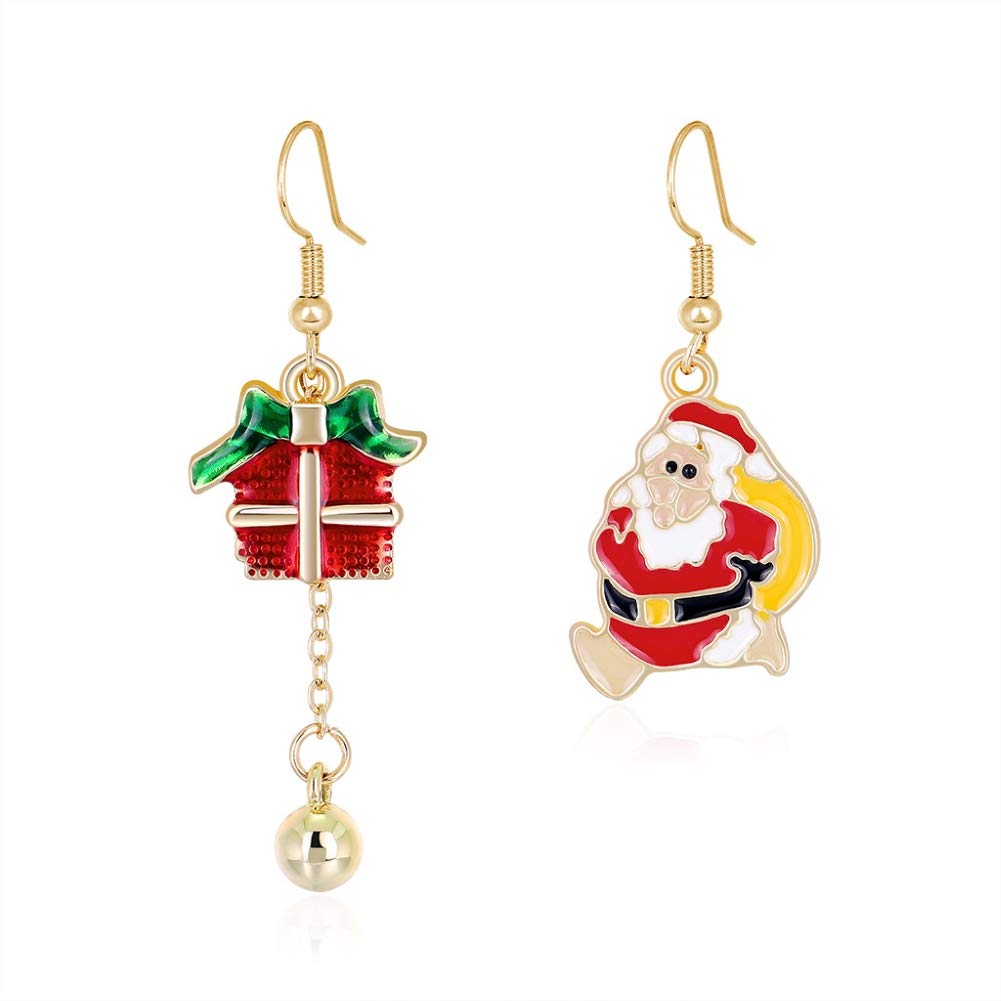 Christmas Earrings for Women - Santa Claus Drop Dangle Enamel Asymmetric Hook Ear Studs Jewelry Set in Gift Box (Red) | Holiday Party, Christmas Gift, Festive Accessory