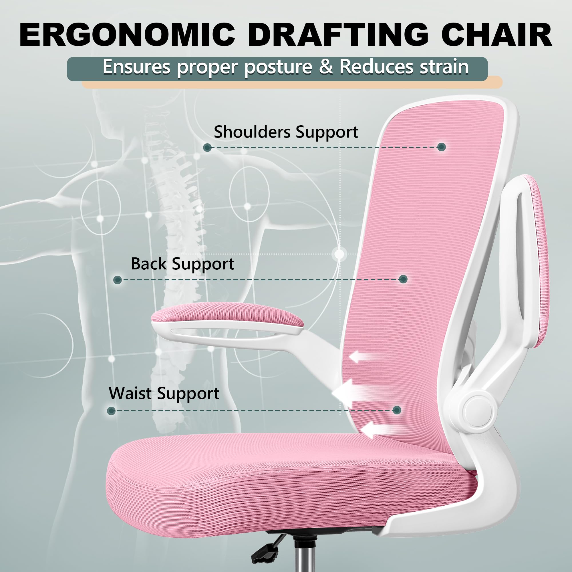 FelixKing Ergonomic Drafting Chair - Adjustable Height Office Chair with Breathable Mesh Back, Flip-Up Armrests & Lumbar Support - Comfortable High Back Executive Chair for Home Office, Computer Work & Architectural Drafting