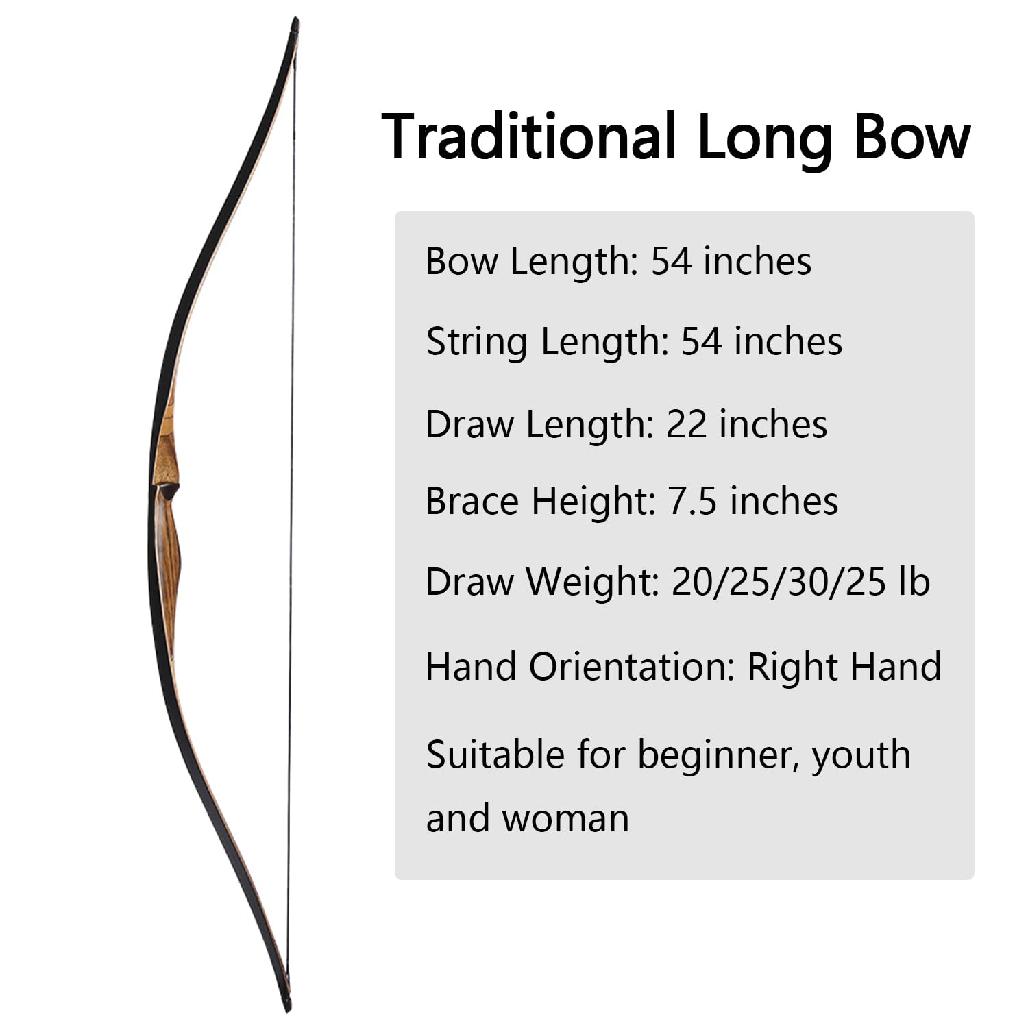 TOPARCHERY 54'' Traditional Wood Recurve Bow for Hunting & Target Practice - Right Handed, One-Piece Design with String Silencer - Perfect for Outdoor Adventures, Archery Training & Backyard Shooting