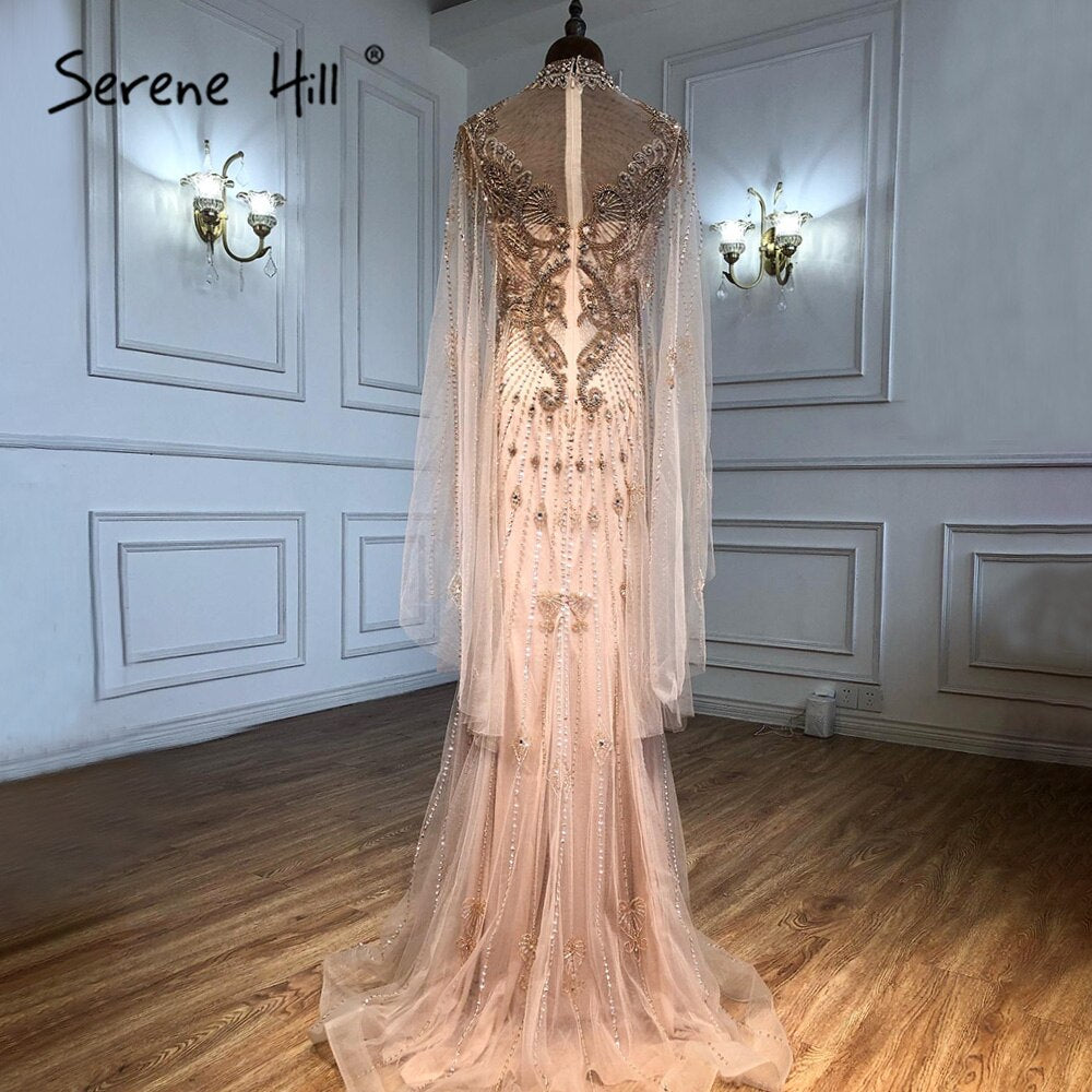 Serene Hill 2025 Luxury Grey Nude Cape Sleeve Beaded Mermaid Evening Gown - Elegant Sexy Women's Formal Dress for Prom, Gala & Special Occasions
