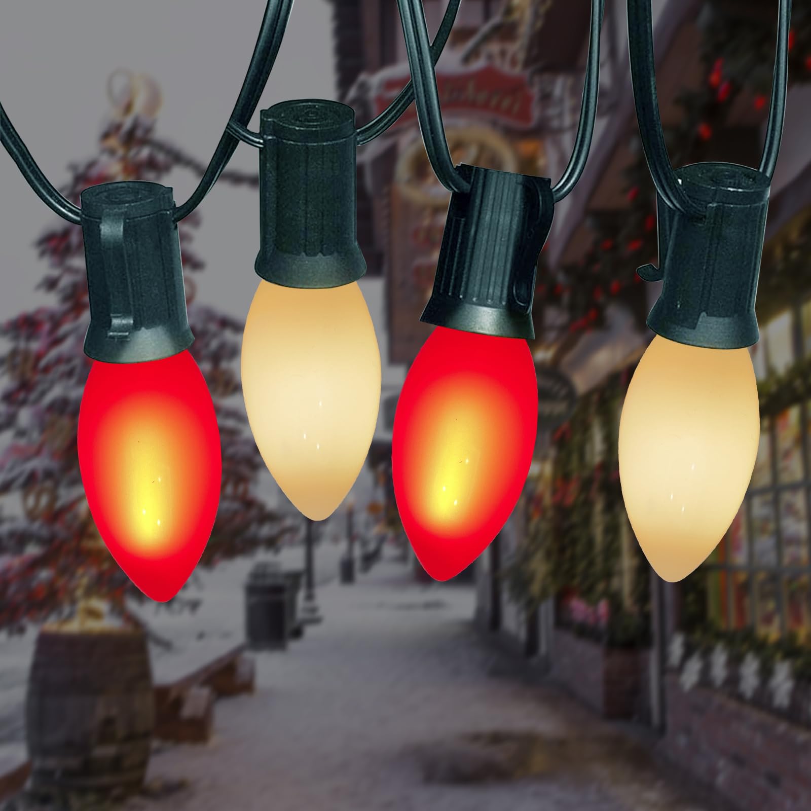 25Ft C9 Christmas Lights Outdoor - 26 Red/White Ceramic LED Bulbs (1 Spare) - Multicolor Vintage String Lights for Holiday, Christmas, Wedding, Roofline - Green Wire - Perfect for Outdoor Decorations, Patio, Garden, and Party Lighting