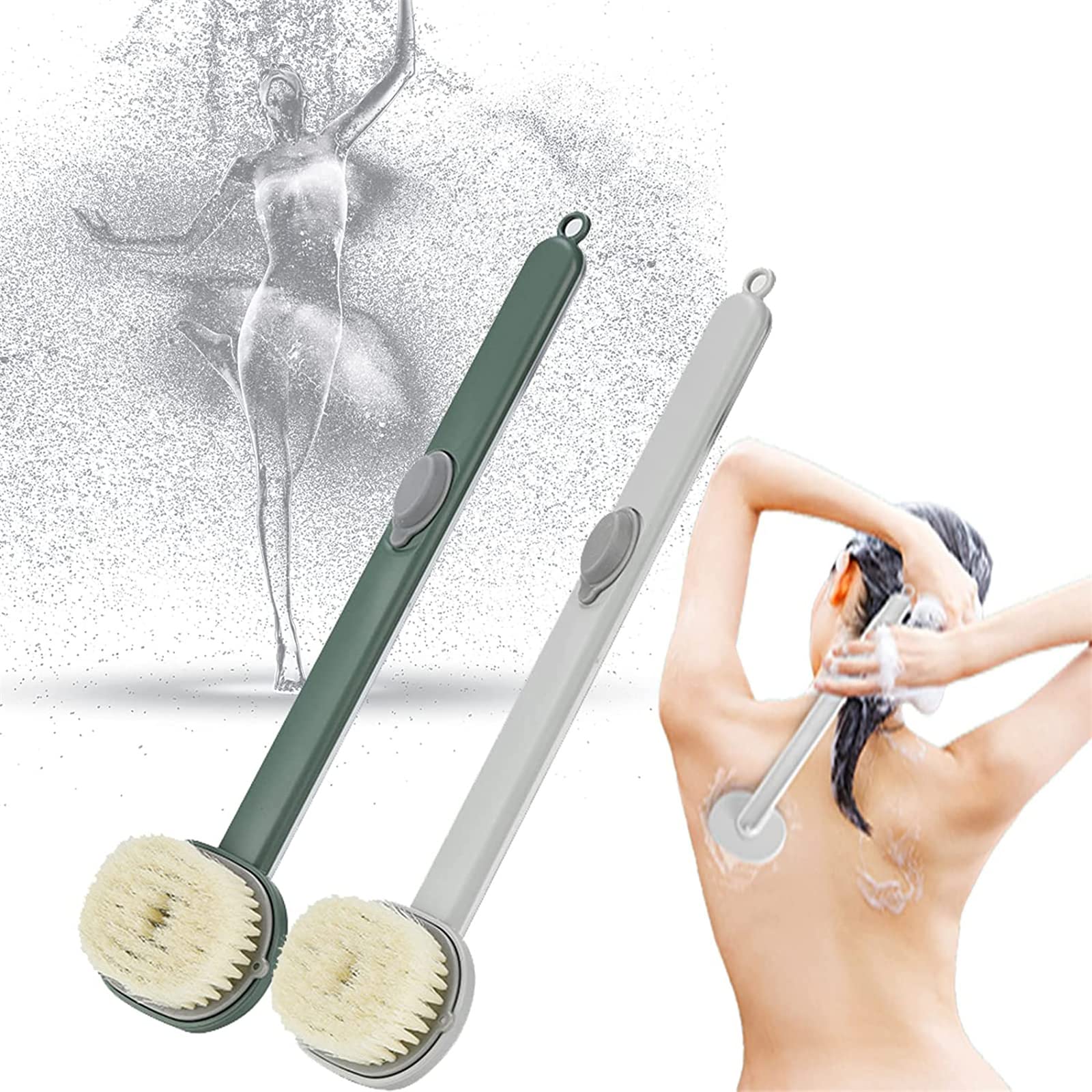 AMbAYZ 2-Pack Long Handle Back Scrubber & Bath Brush - Exfoliating Shower Brush with Massage Bristles for Deep Cleaning (Green & Grey) | Perfect for Hard-to-Reach Areas & Relaxing Spa Experience at Home