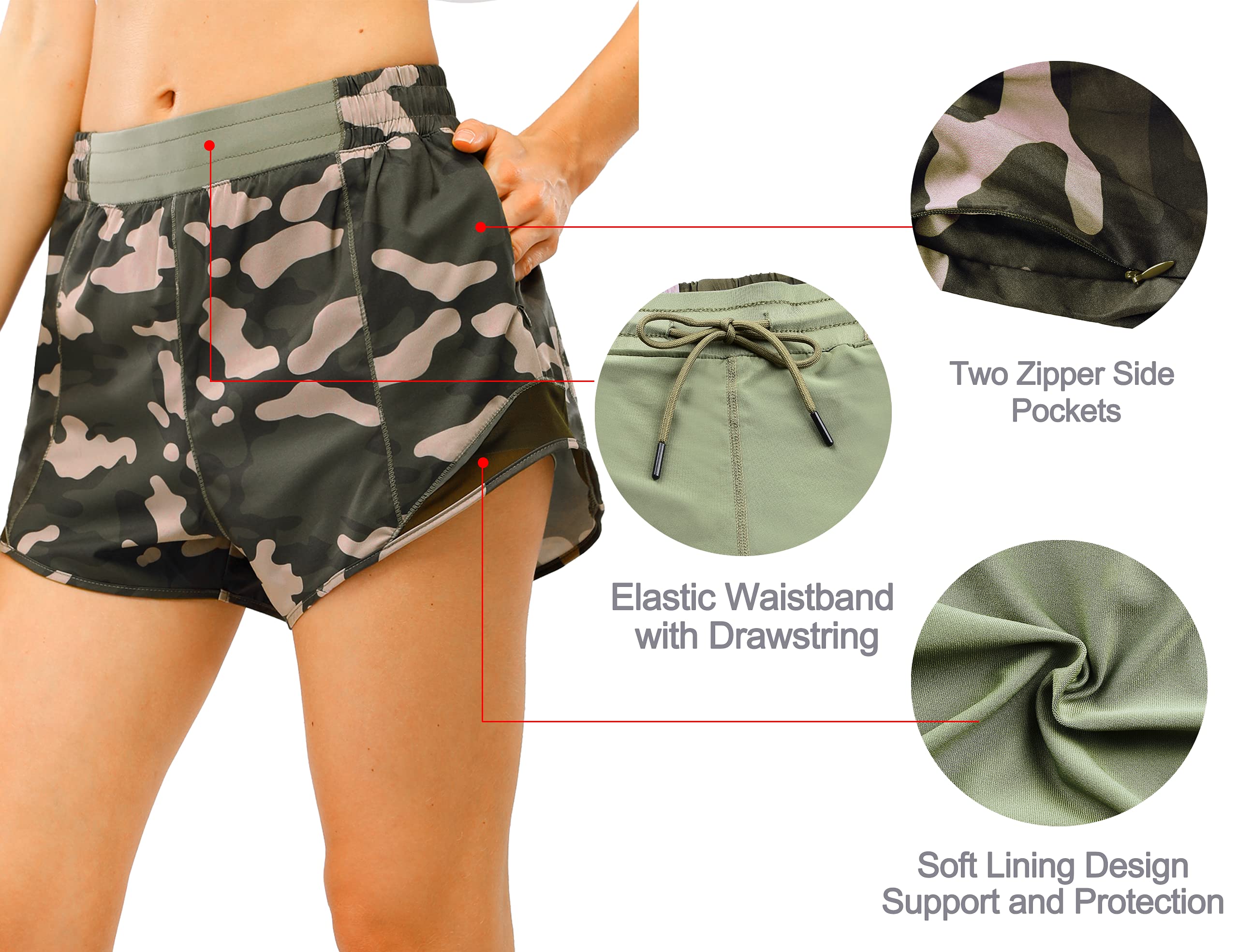 Rocorose Women's 2-in-1 Running Shorts - Quick Dry Workout Athletic Gym Yoga Shorts with Drawstring & Zipper Back Pocket - Perfect for Jogging, Fitness Training and Yoga Classes