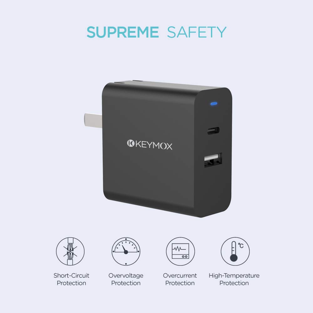 KEYMOX 30W Dual Port USB C Fast Charger with 18W PD - Compatible with iPhone 12/12 Mini/12 Pro/11 Pro, Galaxy S10/S9/S9+, iPad Pro, Samsung, Google Pixel, Huawei - Perfect for Travel, Office & Home Charging