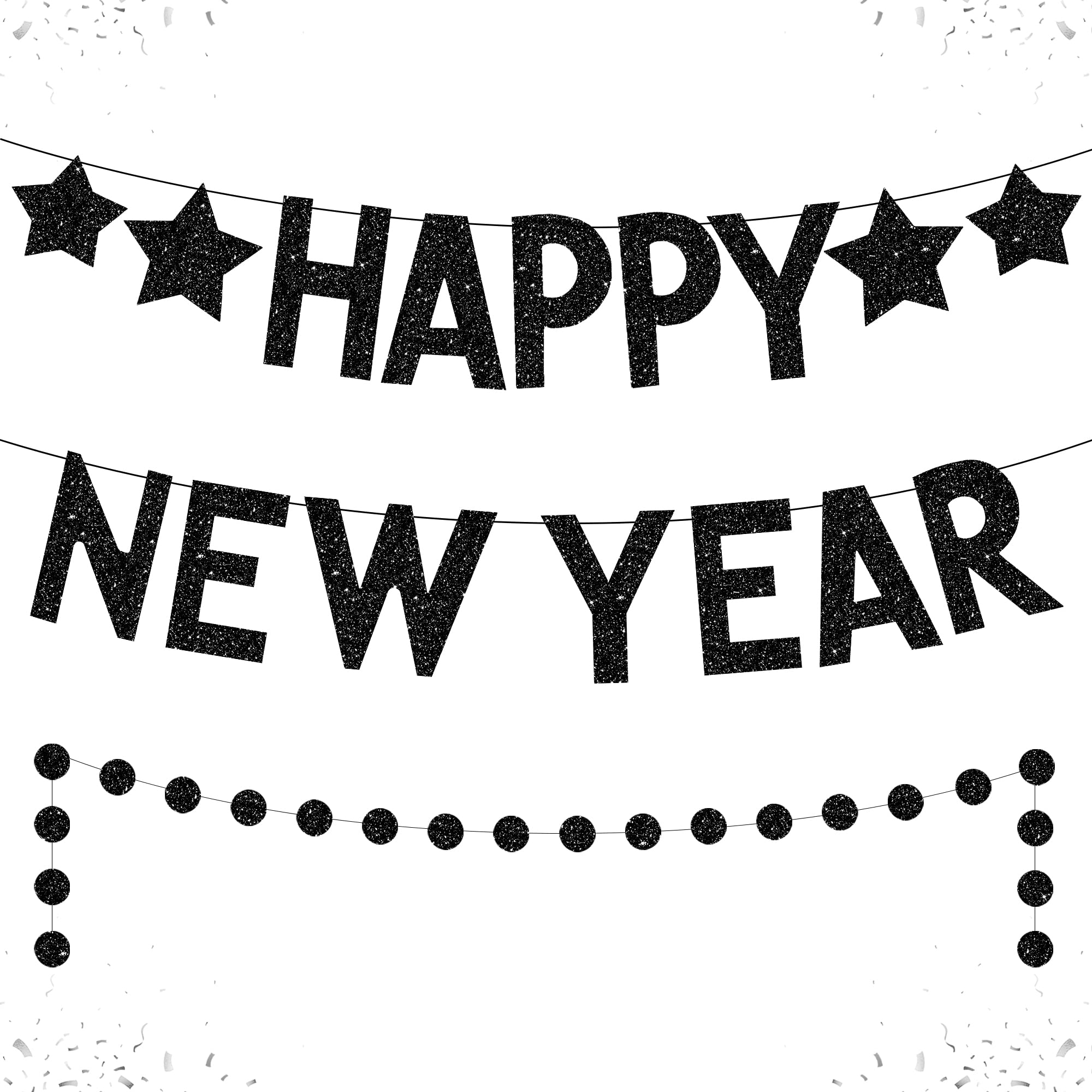 Katchon Glitter Happy New Year Banner 2025 - Black Party Decor with 2 Pre-Assembled Strings | New Year's Eve Party Supplies for Wall Decorations | Perfect for NYE Countdown, Home Celebration & Holiday Photo Backdrop