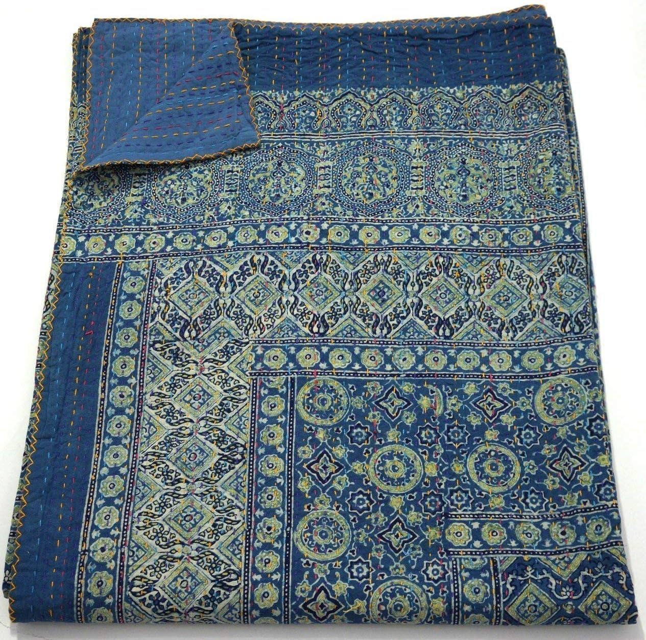 Vintage Bohemian Kantha Quilt - Handmade Indian Block Print Bedspread with Vegetable & Ajrakh Designs (Queen Size 90x108 Inches, Blue & Yellow) - Perfect for Boho Home Decor, Bedroom Throw, or Cozy Living Room Accent