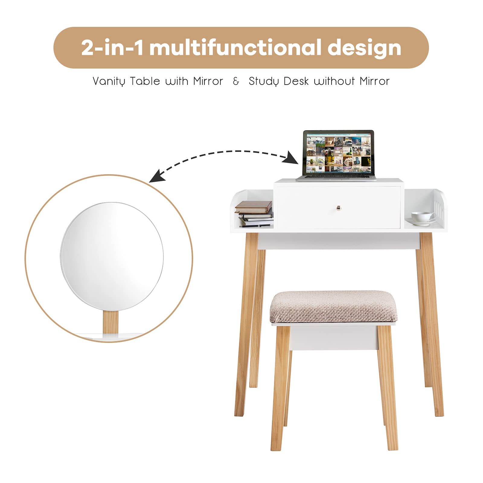 MAT EXPERT White Solid Wood Vanity Set with Height Adjustable Mirror - Modern Dressing Table with Padded Stool, Large Drawer & Side Storage - Perfect for Bedroom, Nursery Room Makeup & Beauty Organization