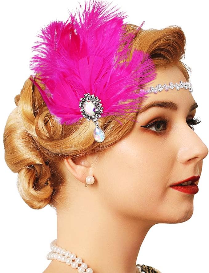 1920s Flapper Headpiece - Rose Red Feather Headband with Rhinestones for Women | Vintage Gatsby Party Hair Accessories | Perfect for Prom, Themed Parties & Costume Events