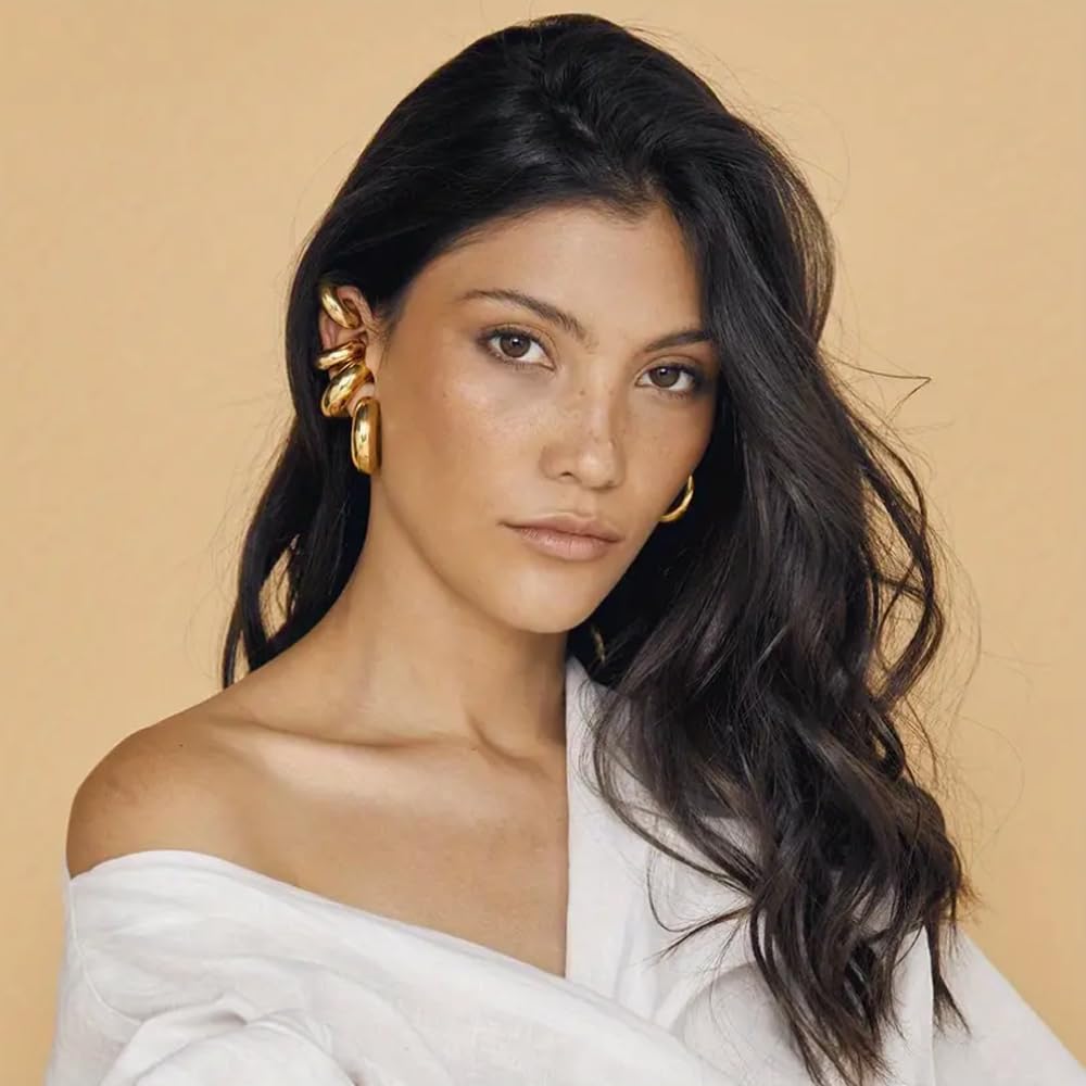Chunky Gold & Silver Clip-On Ear Cuffs for Women - Non-Pierced Cartilage Earrings, Huggie Hoop Wrap Ear Jewelry - Perfect for Parties, Weddings & Everyday Wear