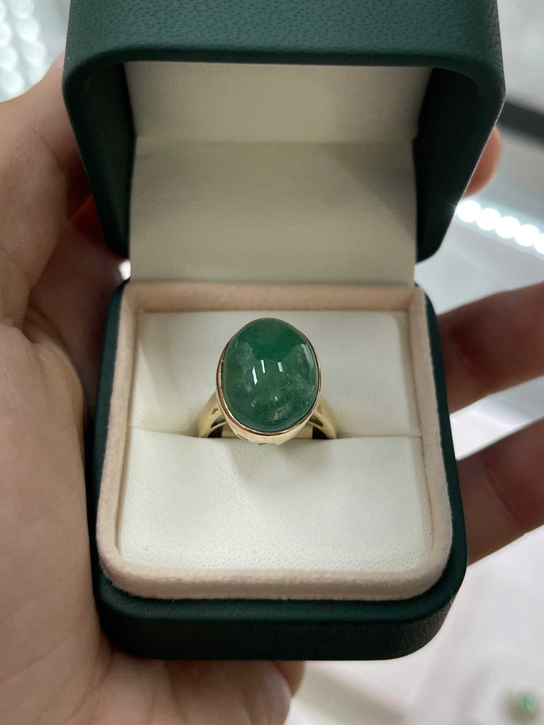16.37 Carat Large Deep Green Cabochon Emerald Solitaire Bezel Ring in 14K Gold - Elegant Jewelry for Weddings, Anniversaries & Special Occasions