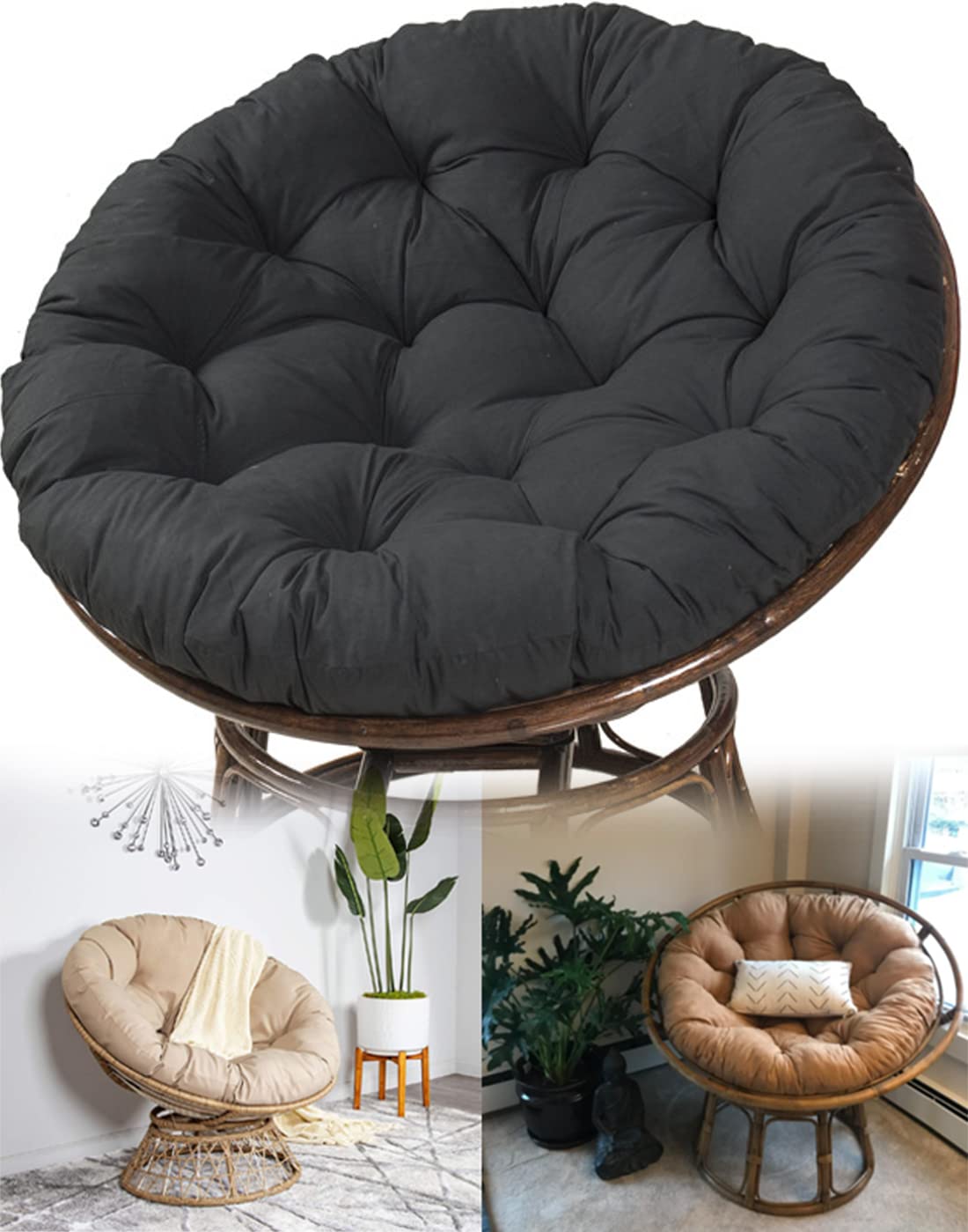 Premium Overstuffed Chair Cushion for Outdoor Egg Chairs, Saucer Chairs & Rattan Swivel Chairs - Thick Comfort Padding (120x120cm, Black) - Perfect for Patio, Garden, Balcony & Indoor Lounge Relaxation