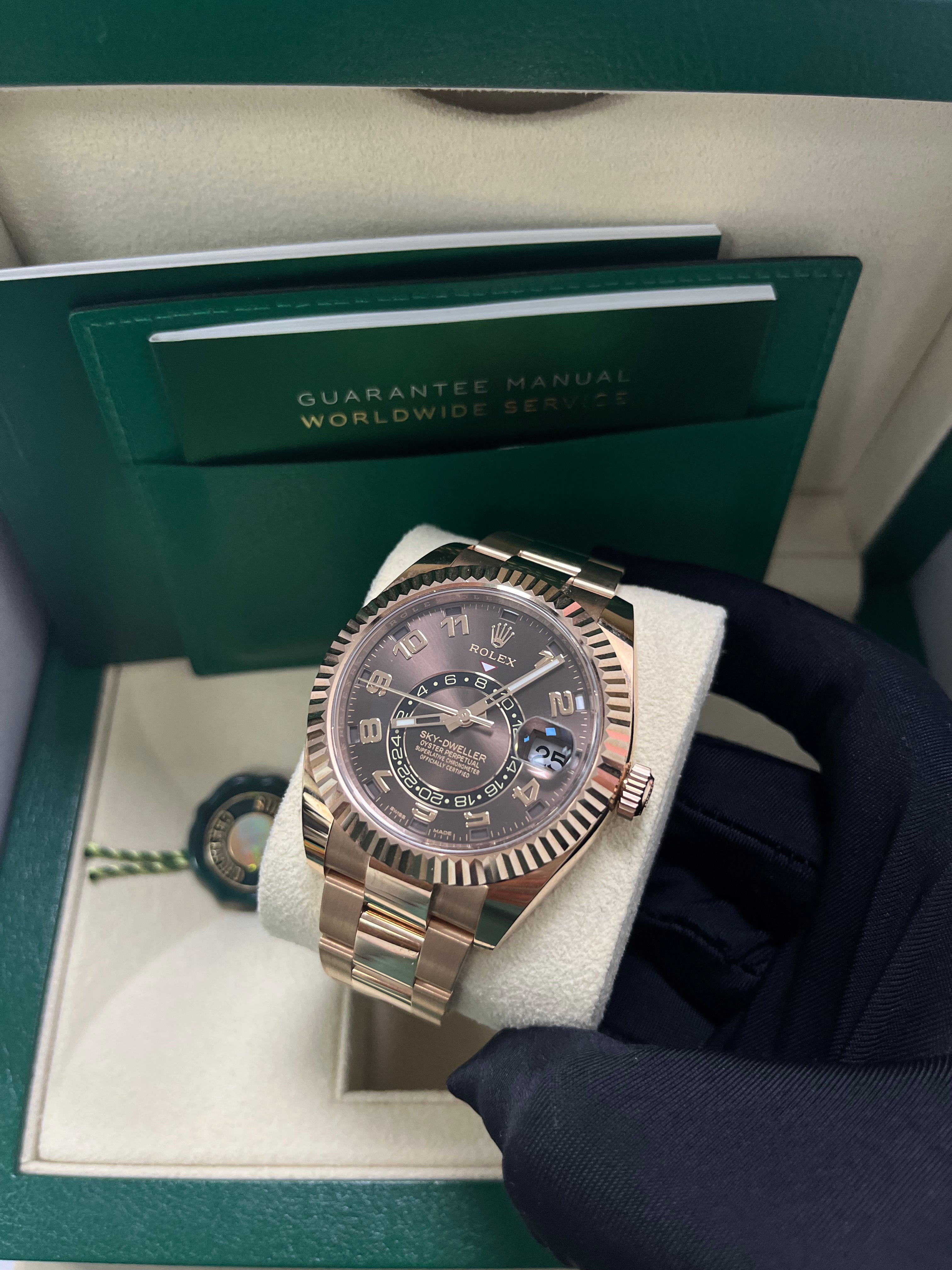Rolex Sky-Dweller 42mm 18k Rose Gold Watch with Chocolate Sunray Arabic Dial Ref.326935 - Luxury Men's Watch for Business, Travel & Special Occasions