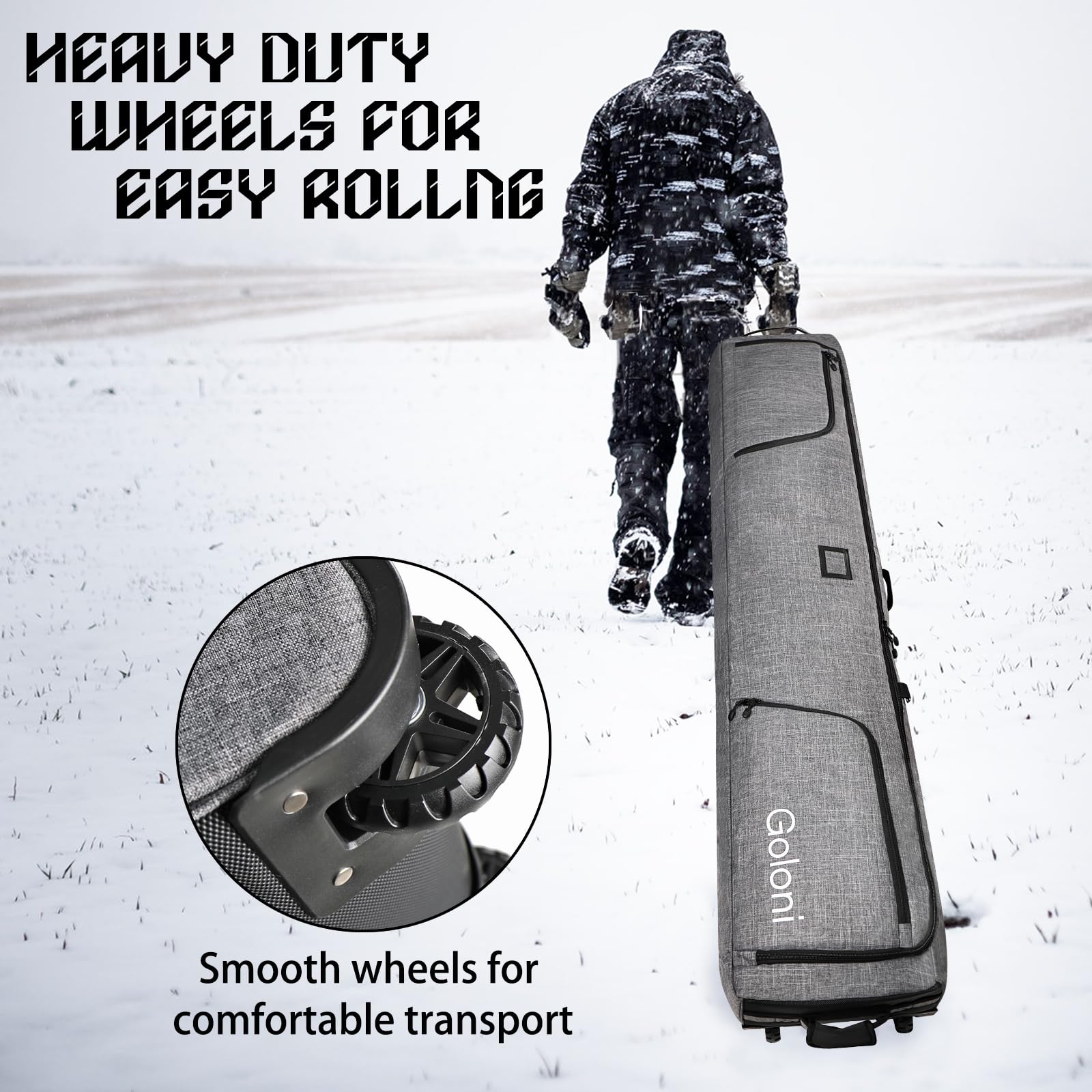 Goloni Wheeled Ski and Snowboard Travel Bag - 600D Waterproof Padded Snow Gear Carrier for Airplanes - Fits 2 Pairs of Skis (Foldable Design) - Perfect for Winter Vacations & Mountain Resorts