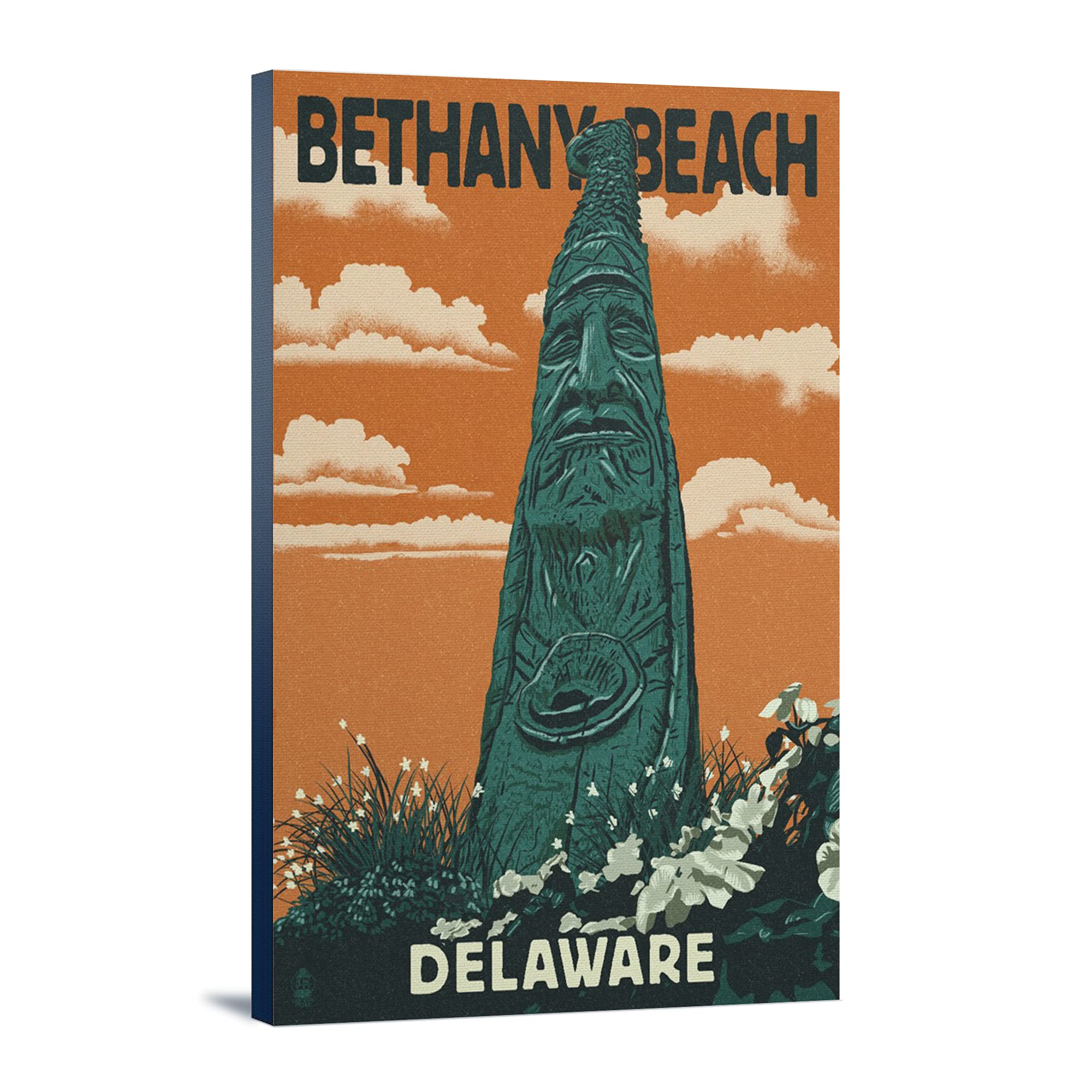 Bethany Beach Delaware Totem Pole Letterpress Art - 16x24 Wrapped Canvas Wall Decor for Coastal Home & Beach House Decor