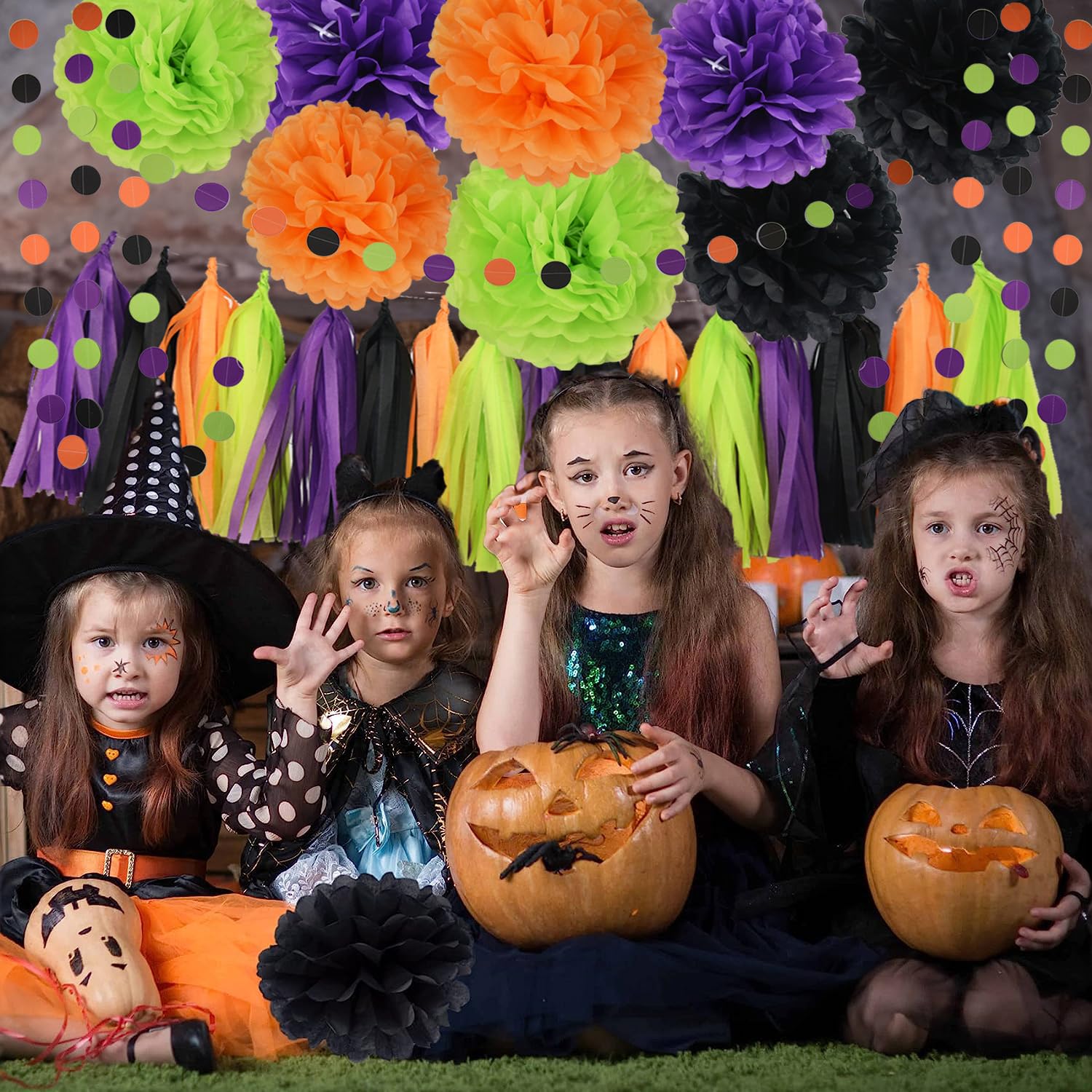 Halloween Car Decorations Kit - Hocus Pocus Trunk or Treat SUV Decor Set with Orange Black Purple Green Tissue Paper Pom Poms | Perfect for Halloween Parties, Birthday Celebrations & Baby Showers