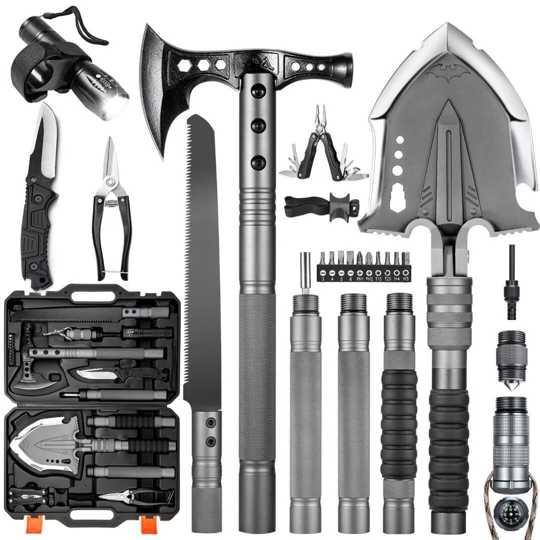 28-in-1 Unbreakable Tactical Survival Shovel with Axe - Multifunctional Camping Tool for Outdoor Adventures, Hiking, Backpacking & Emergency Preparedness - Perfect for Digging, Chopping, Sawing and Survival Situations