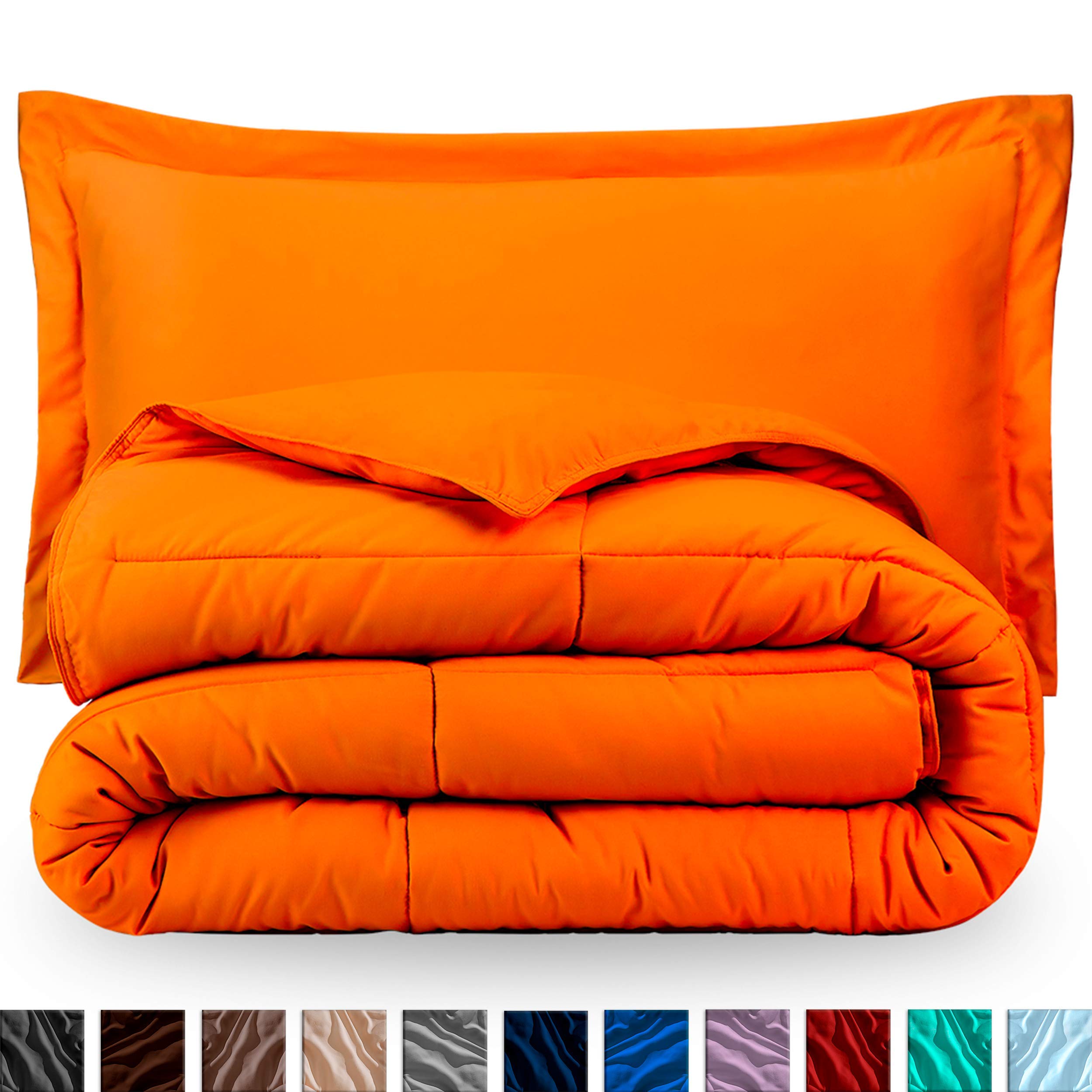Premium 1800 Series Ultra-Soft All-Season Down Alternative Comforter Set - Box Stitched Design - Full/Queen Size in Orange - Perfect for Cozy Bedrooms, Guest Rooms & Dorm Comfort