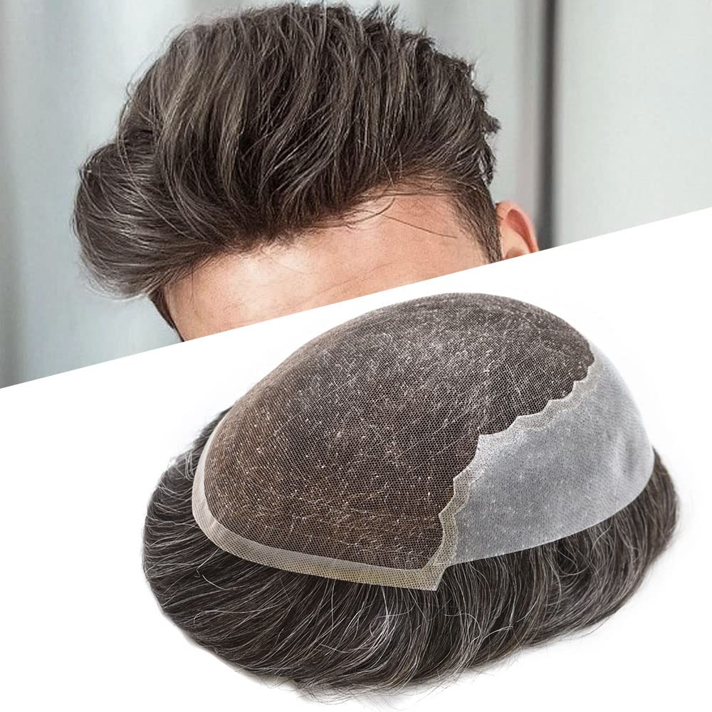 100% European Real Human Hair Swiss Lace Front Toupee for Men - Dark Brown with 40% Gray - 8x10 Inch - Bleached Knots - 100% Density - Natural Looking Hair Replacement System for Thinning Hair & Baldness - Perfect for Daily Wear, Special Occasions & Confidence Boost