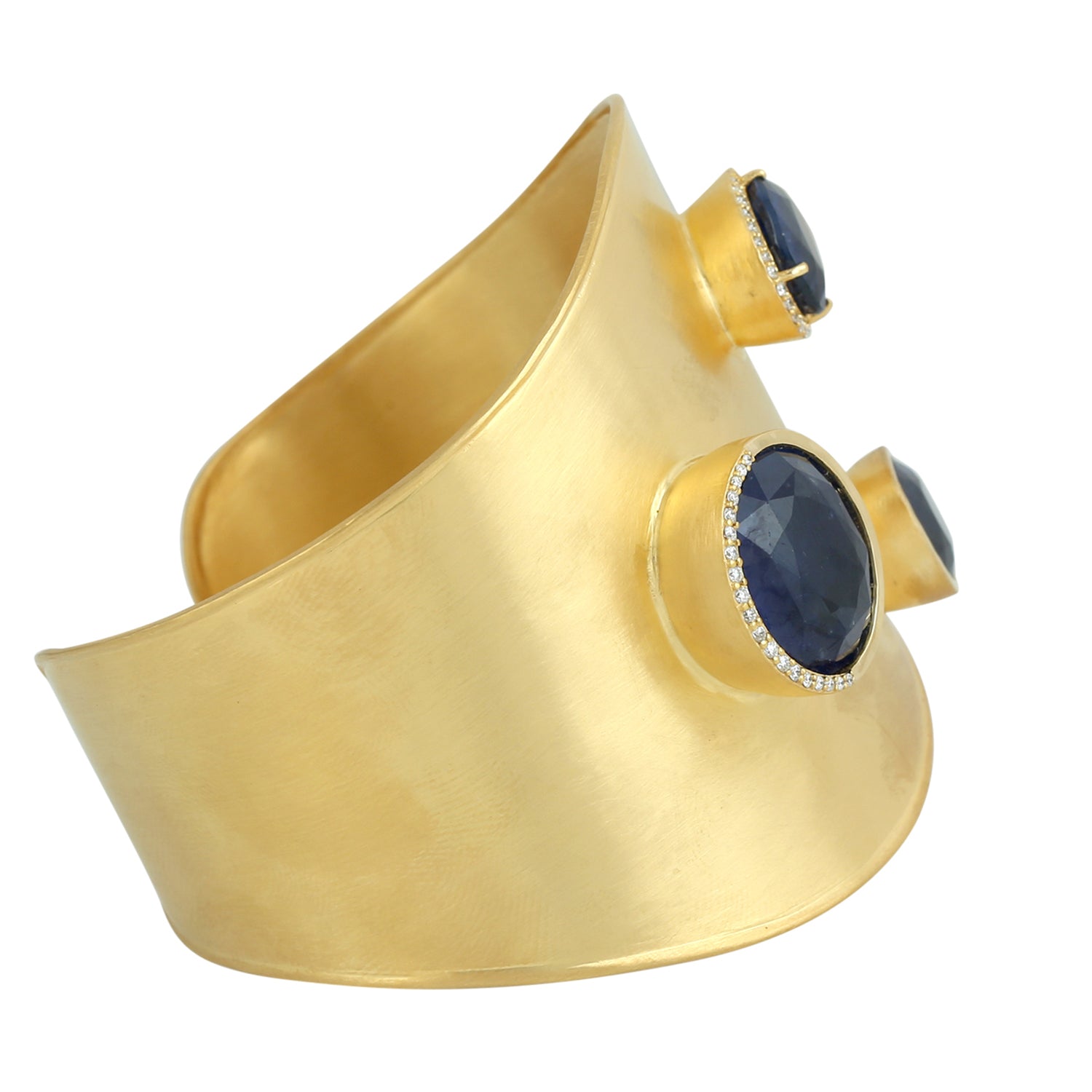 18K Yellow Gold Bezel Set Blue Sapphire & Pave Diamond Designer Cuff Bracelet - Perfect for Weddings, Anniversaries & Special Occasions