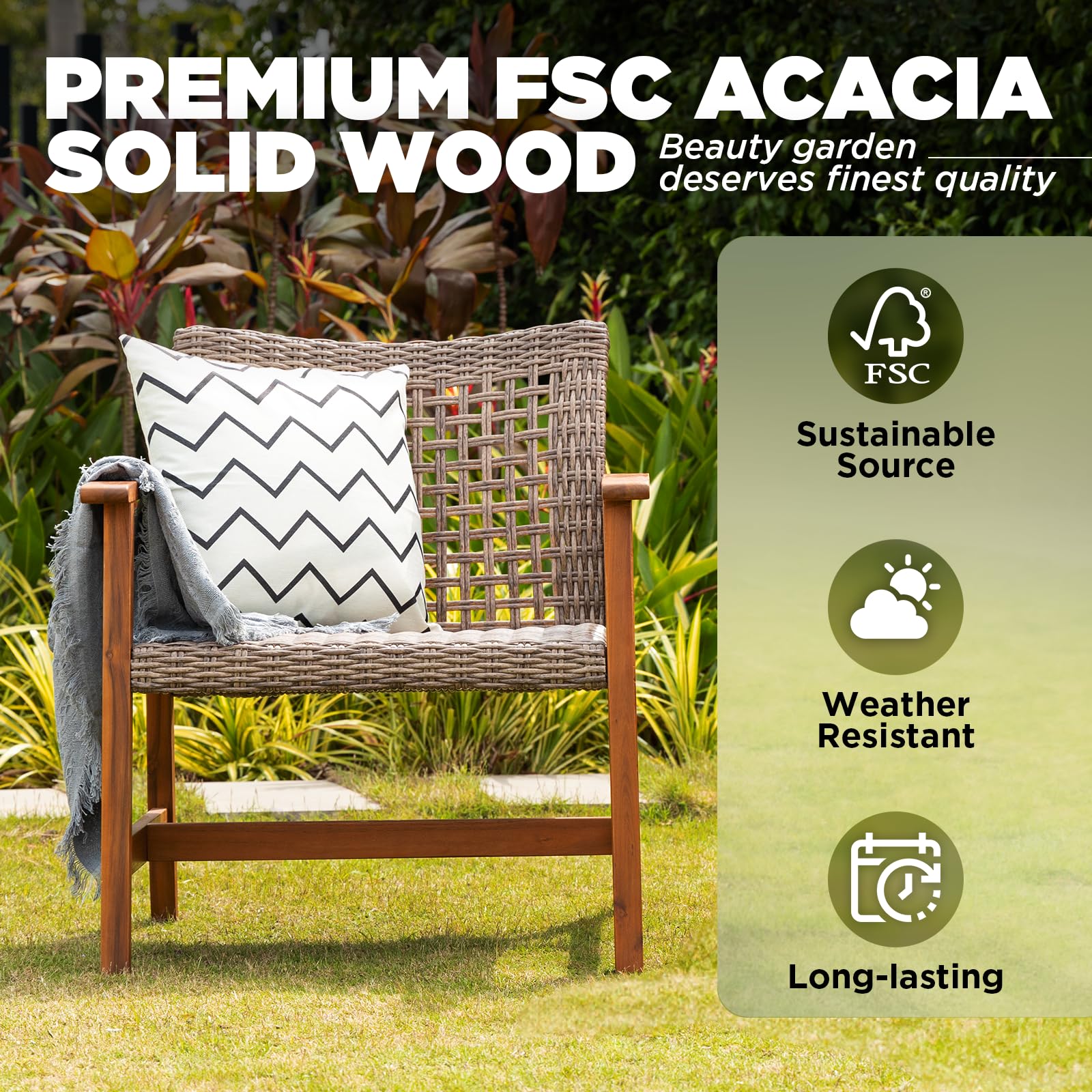 IDZO Liberte 2-Piece Accent Chair Set - 500lbs Weight Capacity, Solid Acacia Wood Frame with FSC-Certified Teak Finish, UV-Resistant Gray Wicker - Perfect for Outdoor Patio, Garden, Poolside & Backyard Relaxation
