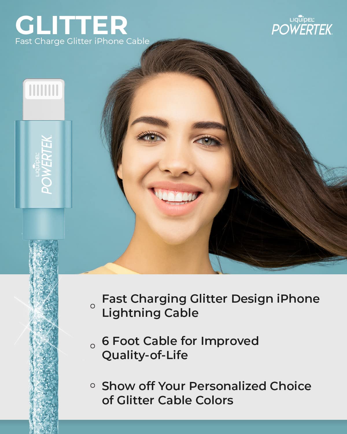 LIQUIPEL Powertek Glitter MFi Certified Fast Charging Cable 6ft - Lightning to USB Cable Compatible with iPhone 14/13/12/11/X/8/7, iPad & AirPods - Baby Blue | Perfect for Home, Office & Travel Charging