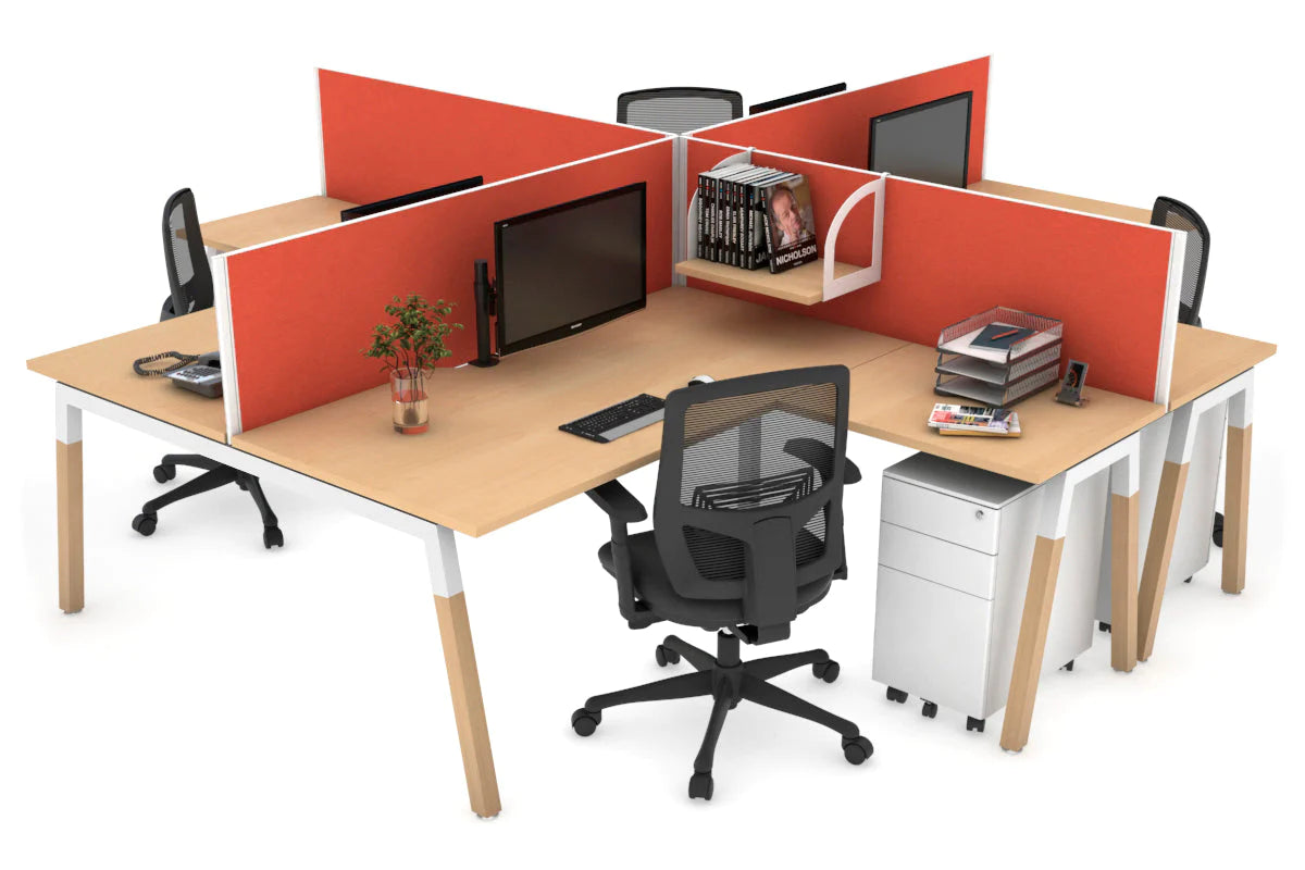 Quadro Wood A Legs Cross Beam 4-Person Corner Workstation Desk - 1600L x 1800W with Cable Management Scallop - Perfect for Office, Home Workspace & Collaborative Environments