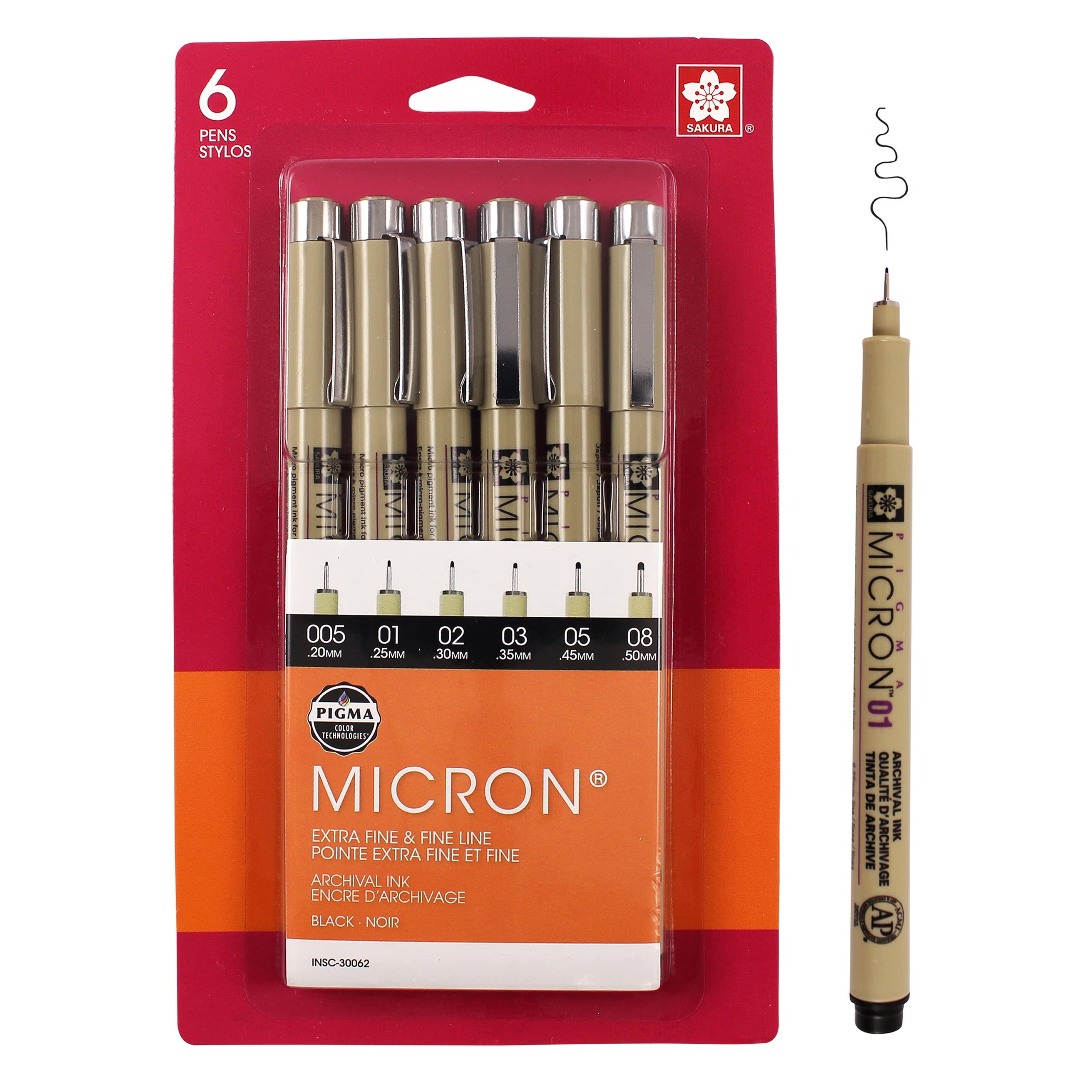Sakura Pigma Micron Fineliner Pens - Archival Black Ink Pens for Writing, Drawing & Journaling - 6 Pack with Assorted Point Sizes (005, 01, 02, 03, 05, 08) - Perfect for Sketching, Bullet Journaling, Calligraphy & Art Projects