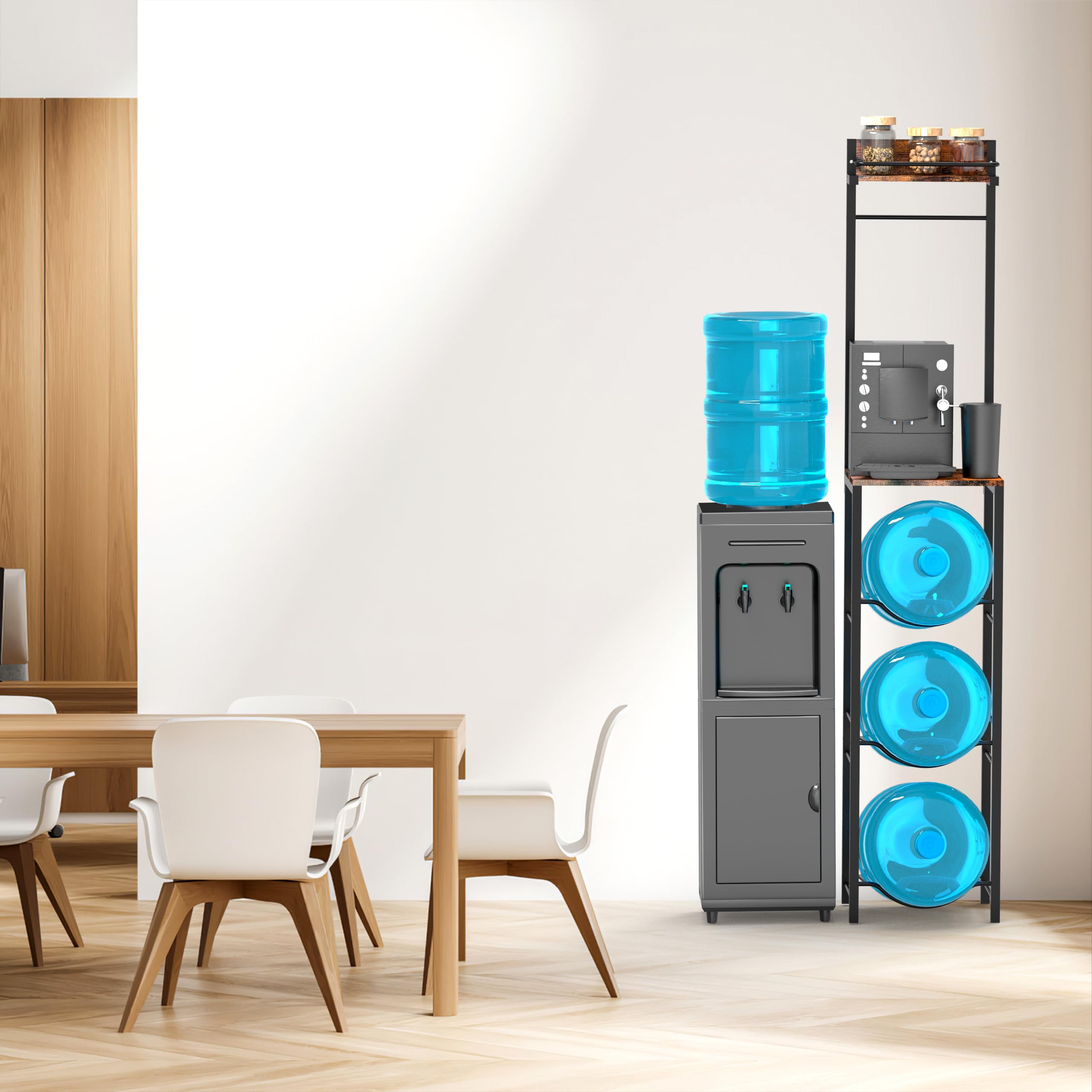 **5 Gallon Water Cooler Jug Rack - 3-Tier Removable Water Bottle Holder with Storage Shelves for Kitchen, Office & Living Room - Organizer for Coffee Machine & More (Upgraded)**    **Usage Scenarios:** Keep your kitchen, office, or living room organized with this versatile 3-tier water bottle rack—perfect for holding 5-gallon jugs, coffee machines, and other essentials while saving space.
