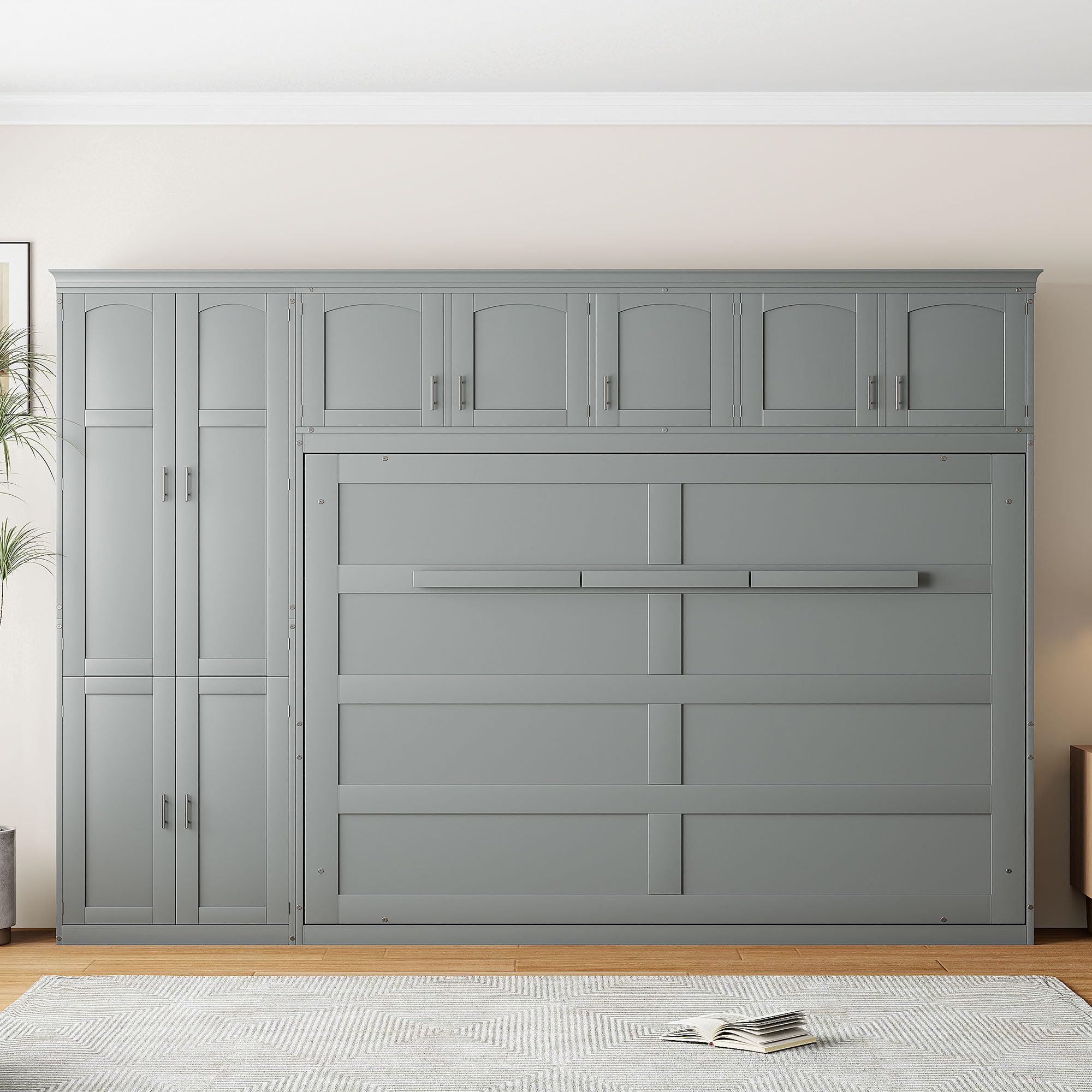 Merax Queen Size Murphy Bed with Storage Cabinets - Space Saving Wall Bed in Gray Wood Finish | Perfect for Small Apartments, Guest Rooms & Home Offices