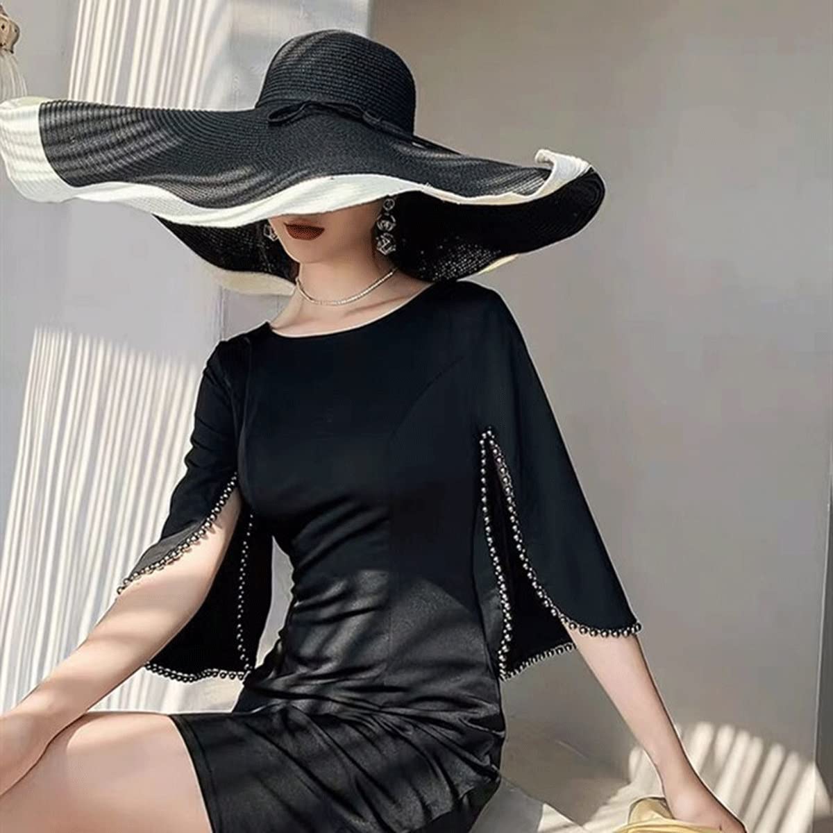 Stylish Oversized Wide Brim Straw Sun Hat for Women - Handmade Rollable Floppy Beach Hat (Black, 57x26x70cm) - Perfect for Summer Vacations, Pool Parties & Outdoor Adventures