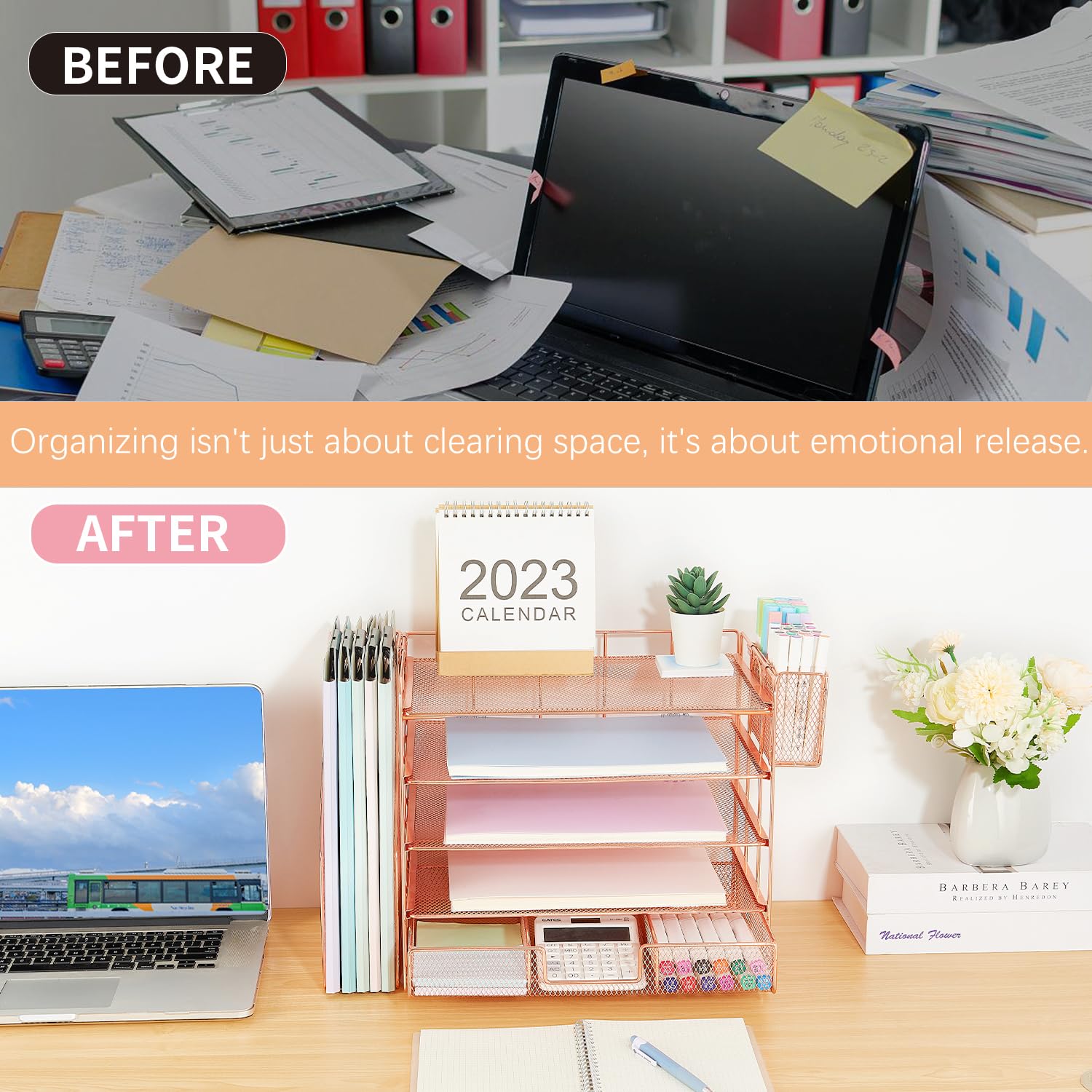5-Tier Desk Organizer with File Holder, Drawer & Pen Storage - Rose Gold Paper Letter Tray for Office Organization | Perfect for Women's Workspace, Home Office & School Supplies Management