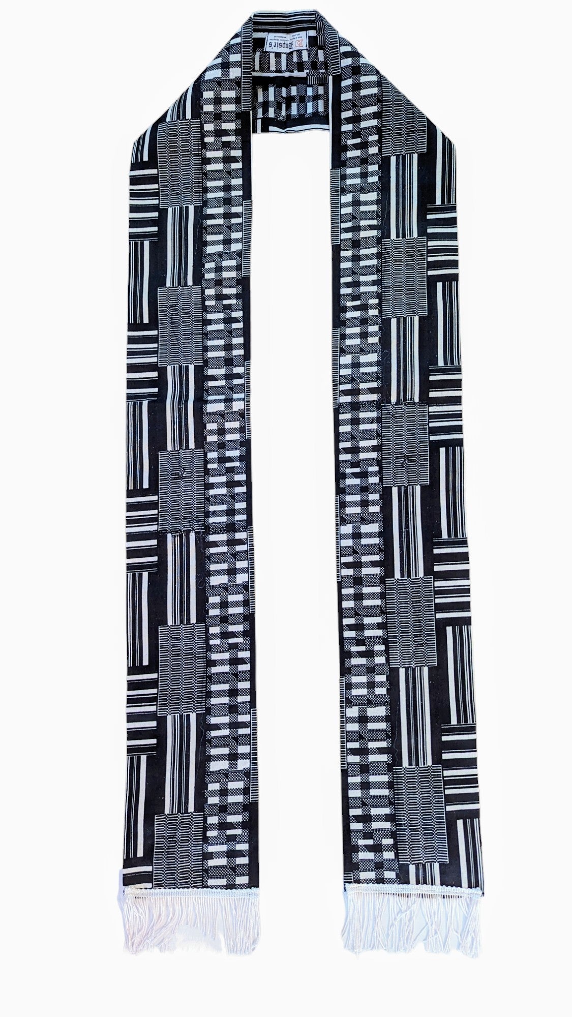 Authentic African Kente Print Sash Stole - Black & White with Fringes | Traditional Ghanaian Scarf for Weddings, Graduations & Cultural Events | DPB0795C by Dupsie