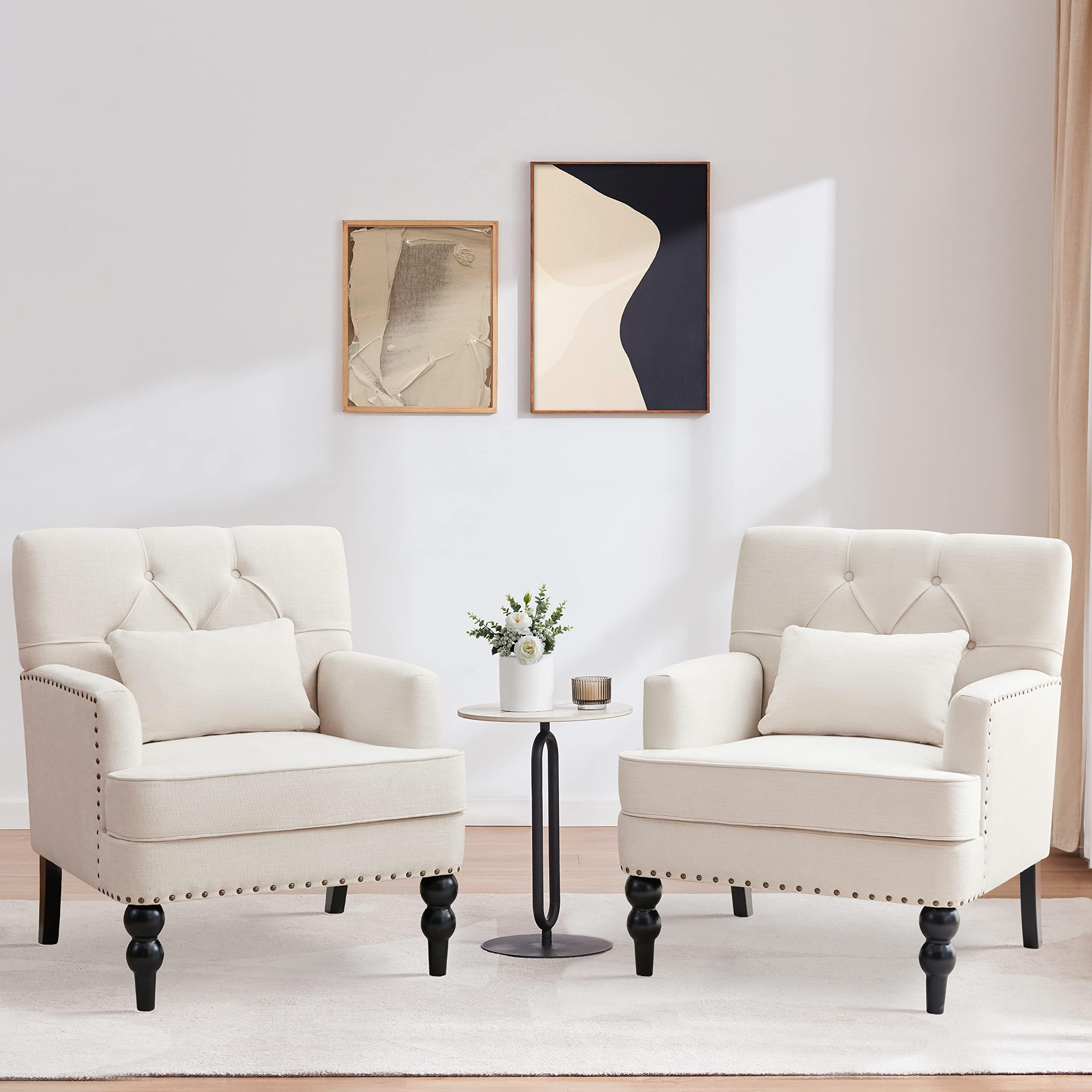 HUIMO Tufted Club Chair Set of 2 - Mid Century Modern Accent Chairs with Lumbar Pillow & Studded Upholstery, Beige Fabric Armchairs for Living Room, Bedroom, Office or Reading Nook - Cozy Seating for Relaxation & Home Decor