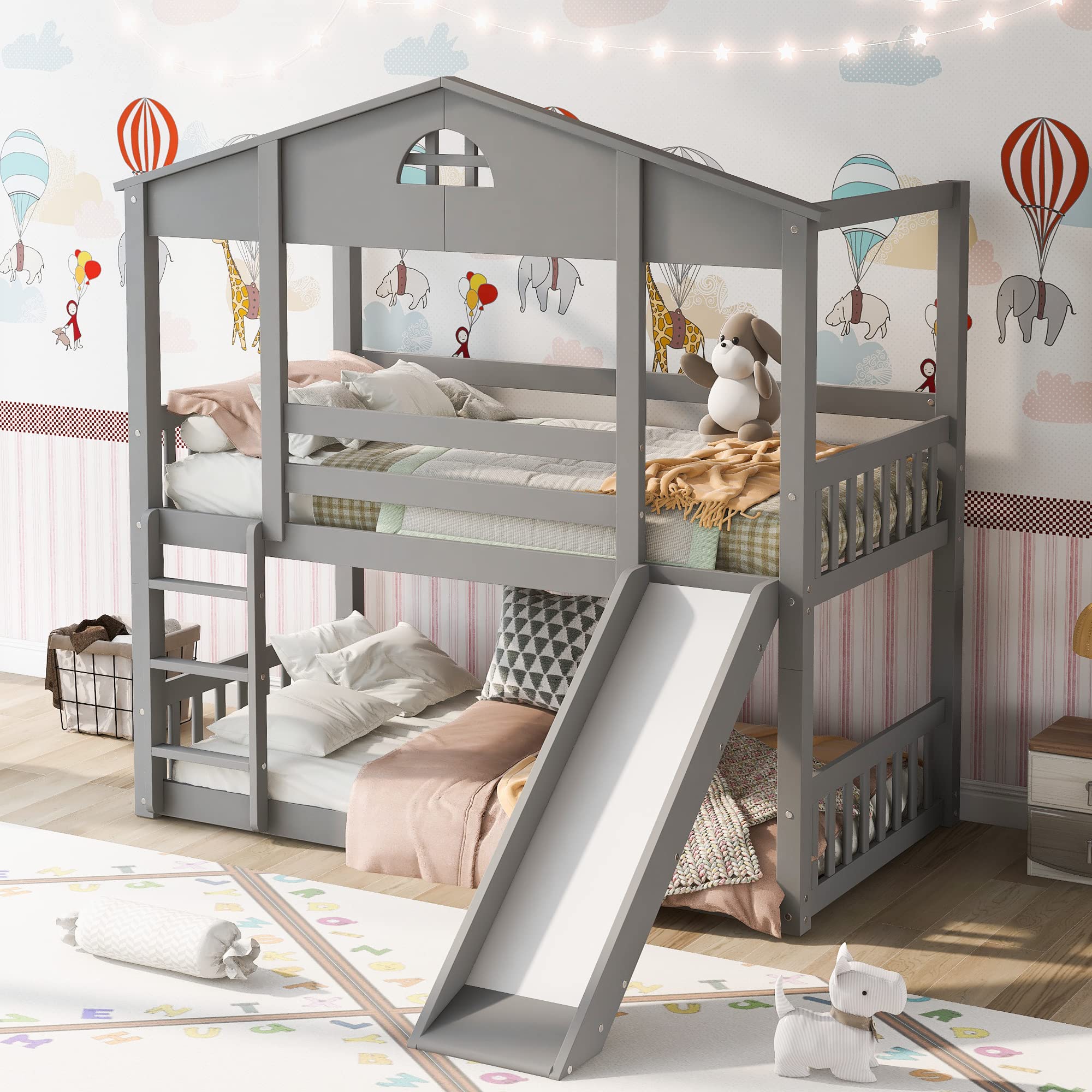 Twin Over Twin Wooden Bunk Bed with Convertible Slide & Ladder - Low Toddler House Bed Transforms into 2 Separate Platform Beds - Easy Assembly for Kids, Teens, Boys & Girls - Perfect for Small Bedrooms, Shared Kids' Rooms & Vacation Homes